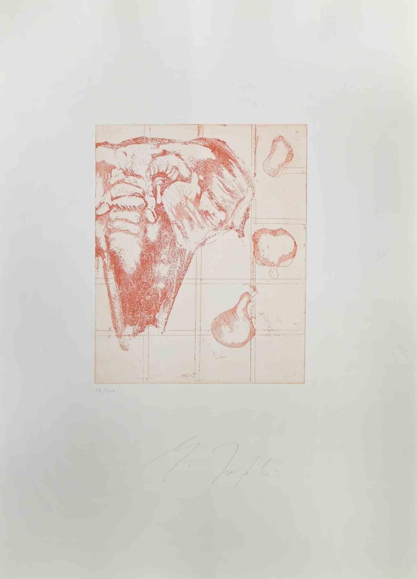 Etching, numbered and signed, by the Italian artist Mino Trafeli (Volterra, Italy 1922-2018).

His path is a continuous reflection on the work of art (object, sculpture, assembly), which led him to experiment with every form of artistic expression