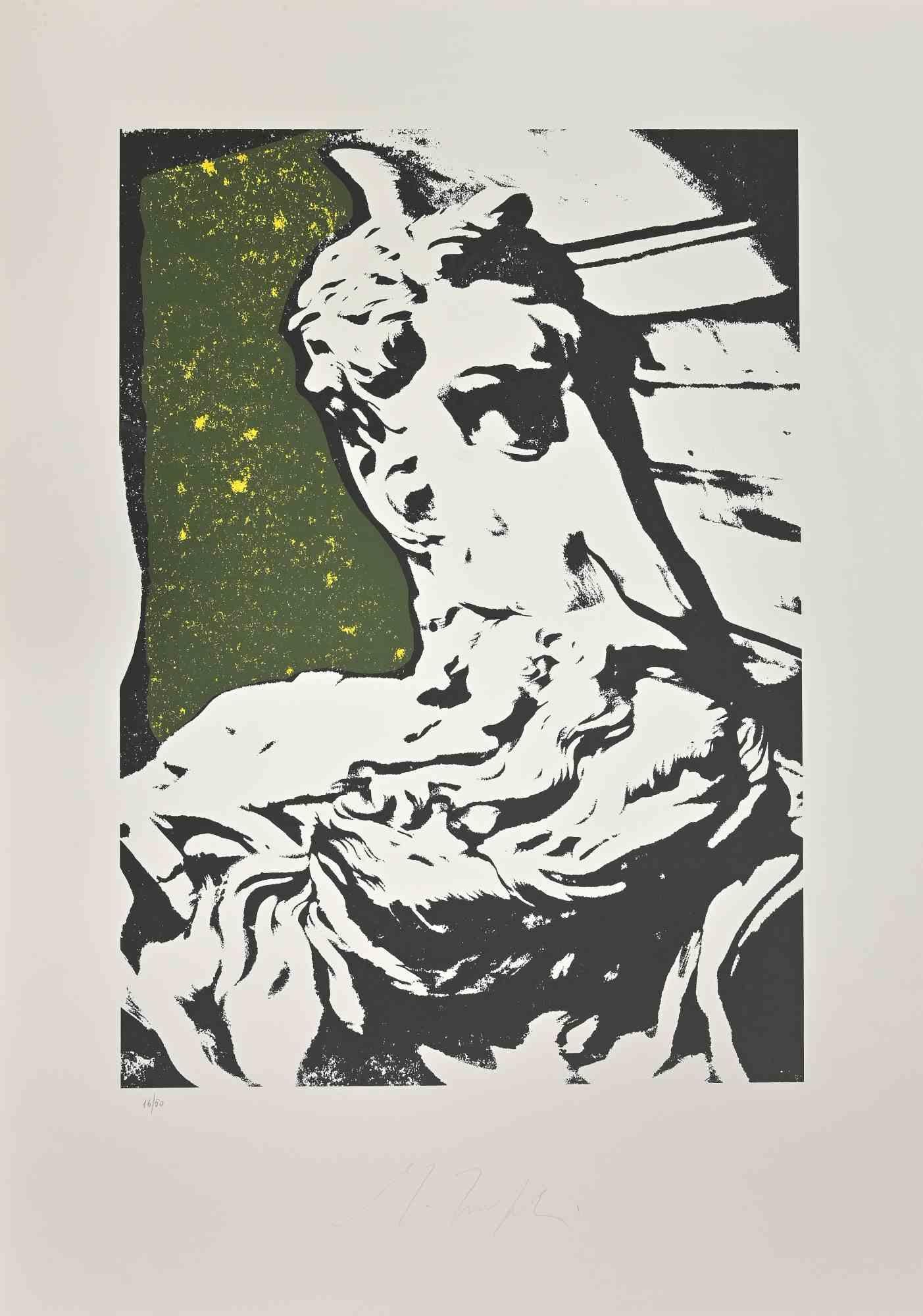 Screenprint, numbered and signed, by the Italian artist Mino Trafeli (Volterra, Italy 1922-2018).

Part of a portfolio of 13 5-color serigraphs made by Mino Trafeli and printed, with the help of the technical supervision of Aulo Guidi, by Ideogram,
