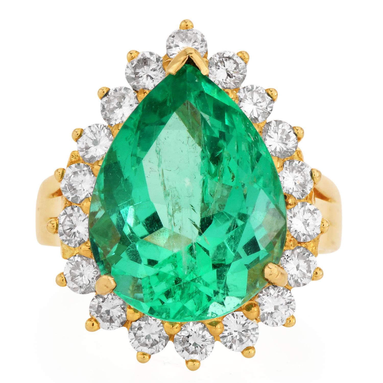 Retro Minor Columbian Emerald 8.95cts Diamond Halo 18K Cocktail Ring  For Sale
