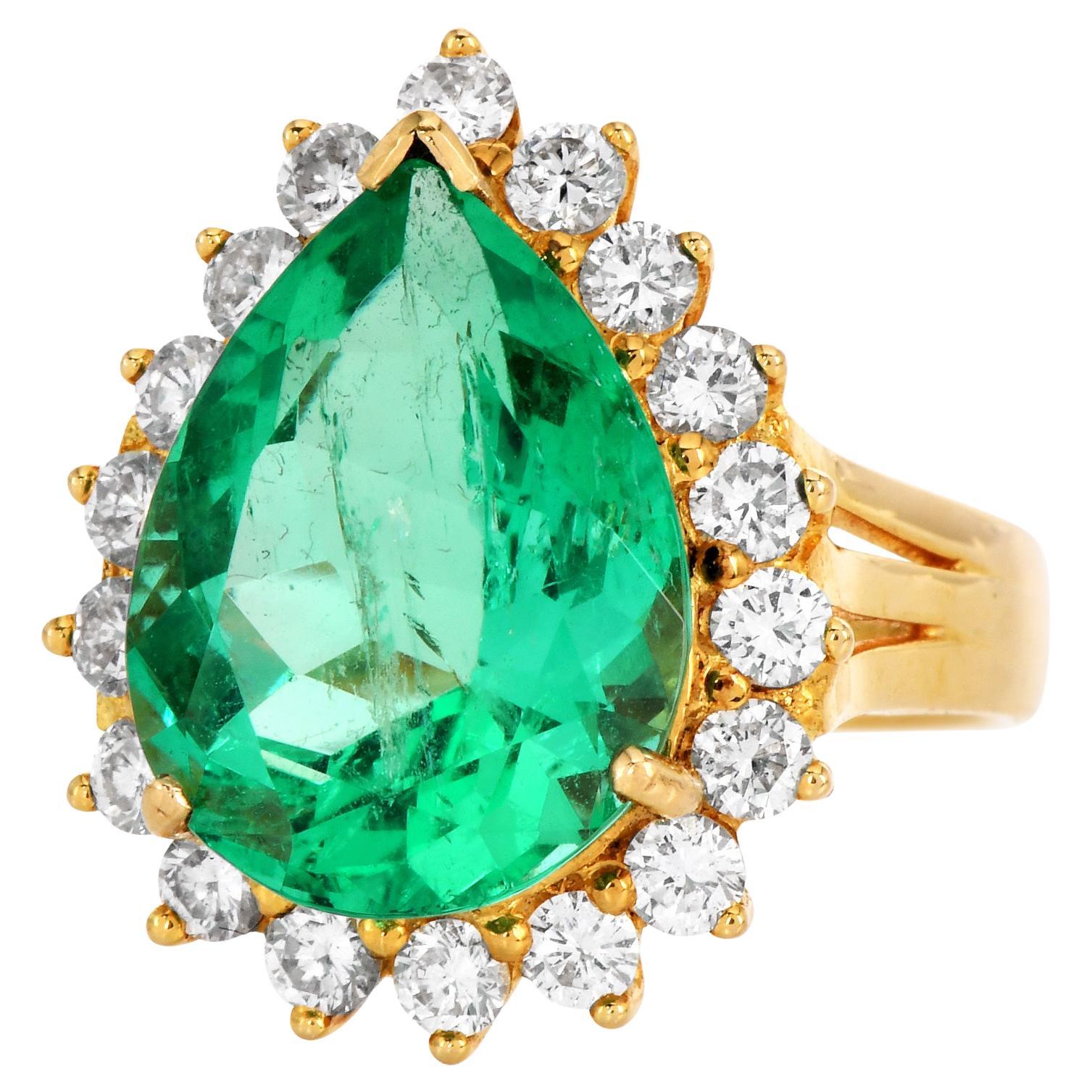Minor Columbian Emerald 8.95cts Diamond Halo 18K Cocktail Ring  For Sale