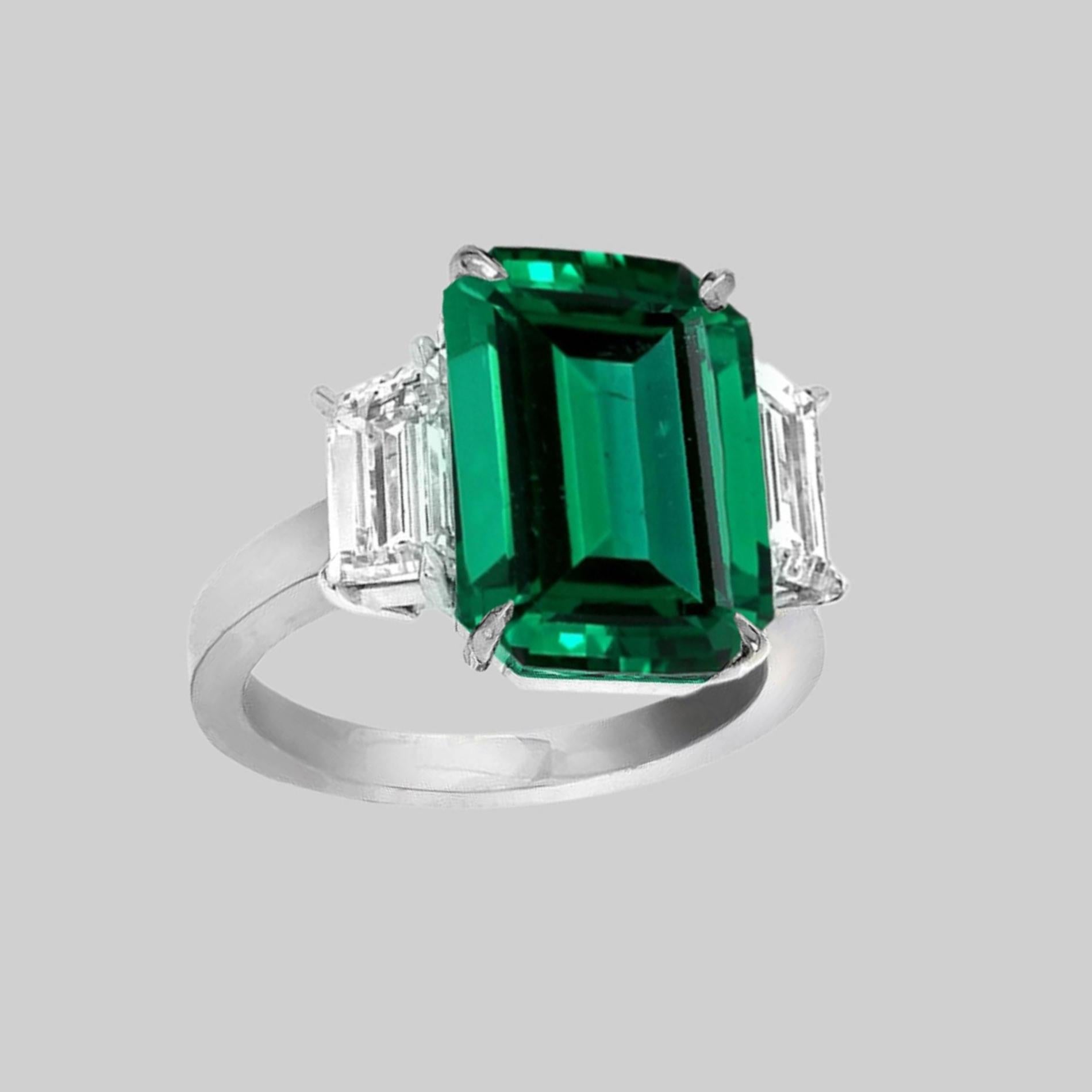 Emerald Cut Minor Oil GRS Certified 6 Carats VIVID Green Emerald Diamond Ring For Sale