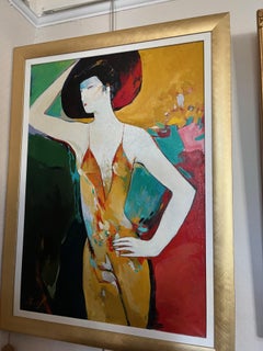 Portrait of lady in black hat Cubist style in bright colours large oil painting
