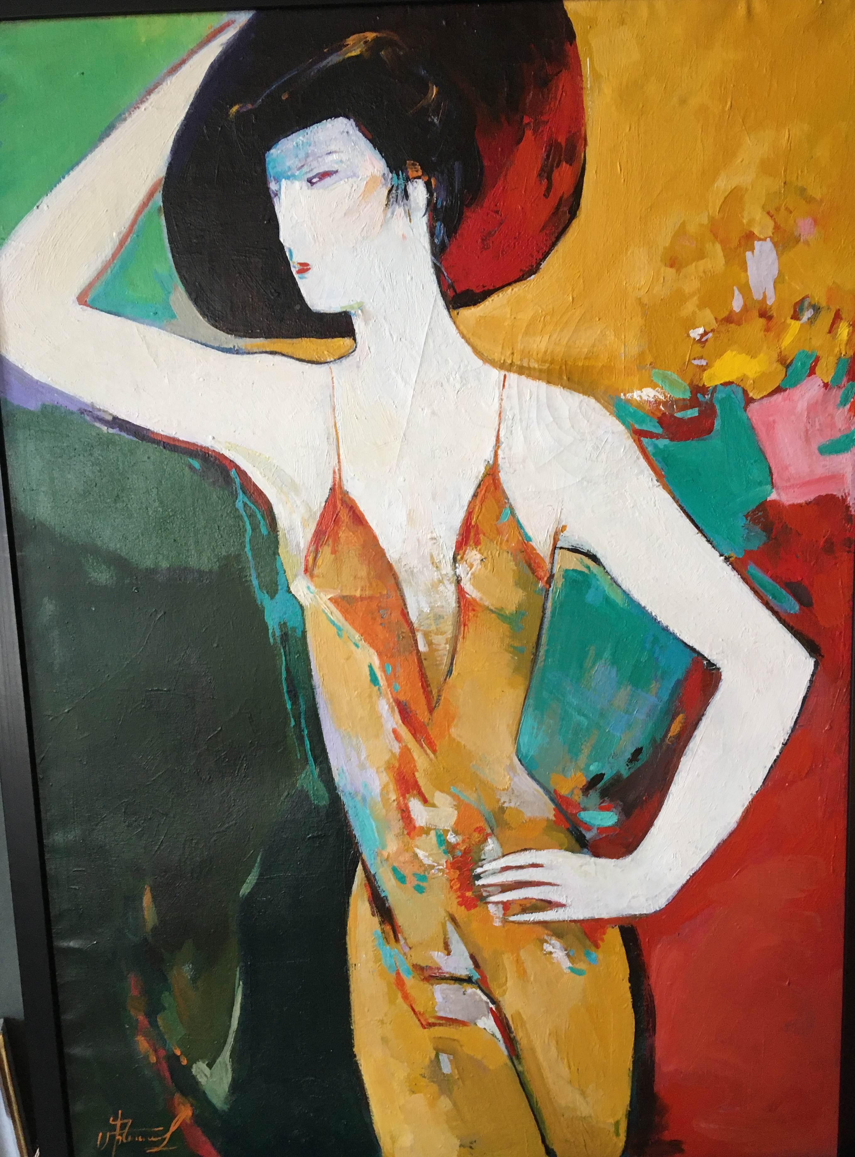 „Der schwarze Hut“, kubistischer Stil, raffinierte Dame in leuchtenden Farben, großes Ölgemälde  – Art von Minos Zakarian
