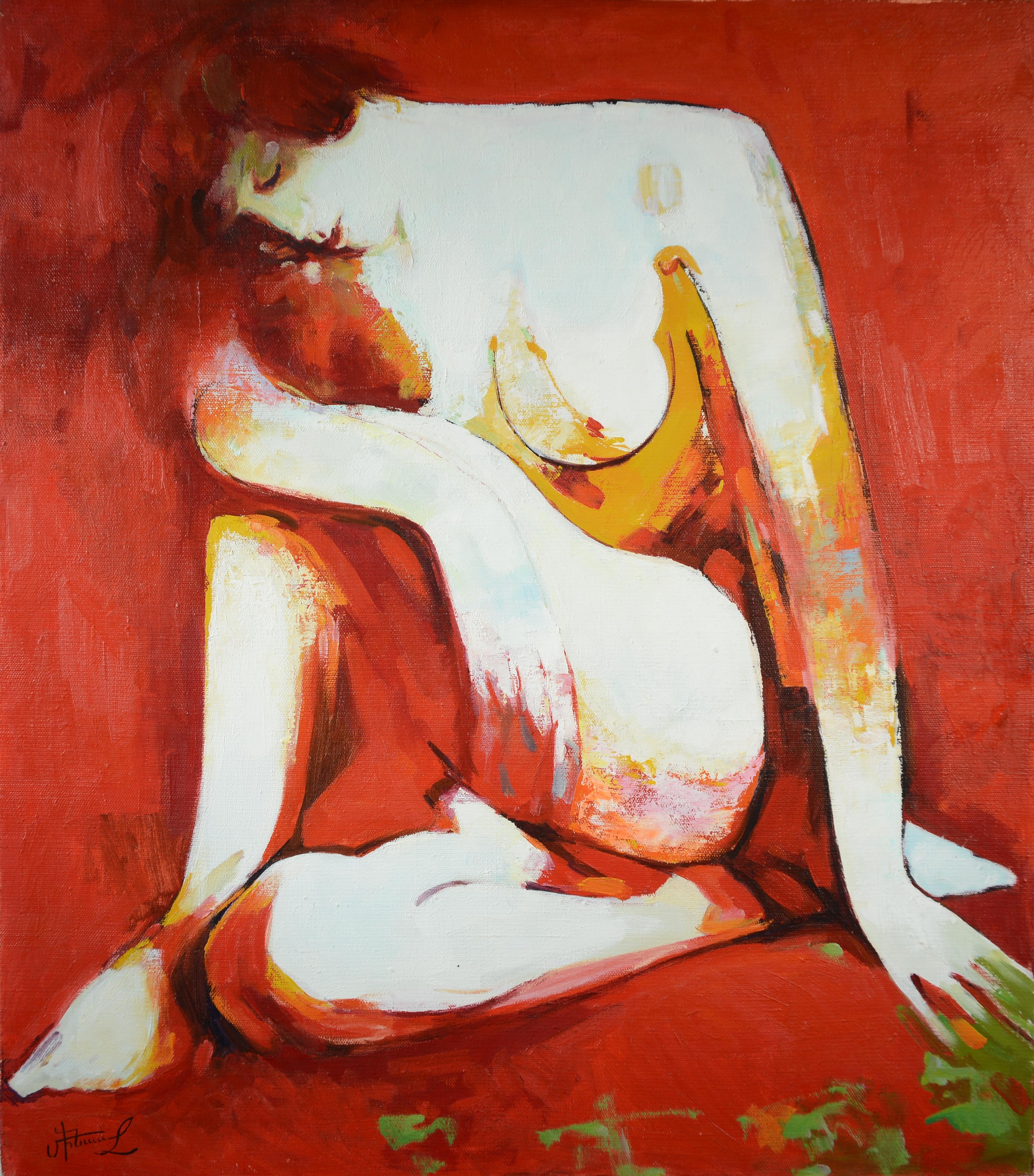 minos zakarian Figurative Painting - "Red Nude" Large abstract  bright nude figure of model framed oil painting