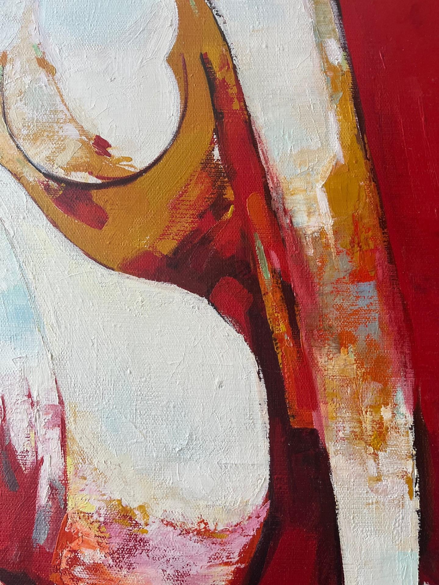 « Nu rouge », grand abstrait  Figure nue brillante d'un modèle encadrée - Painting de minos zakarian