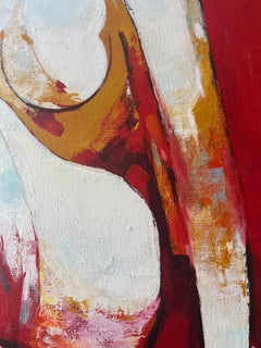 Contemporary Figurative Abstract Oil Painting Nude Lady  with red background.