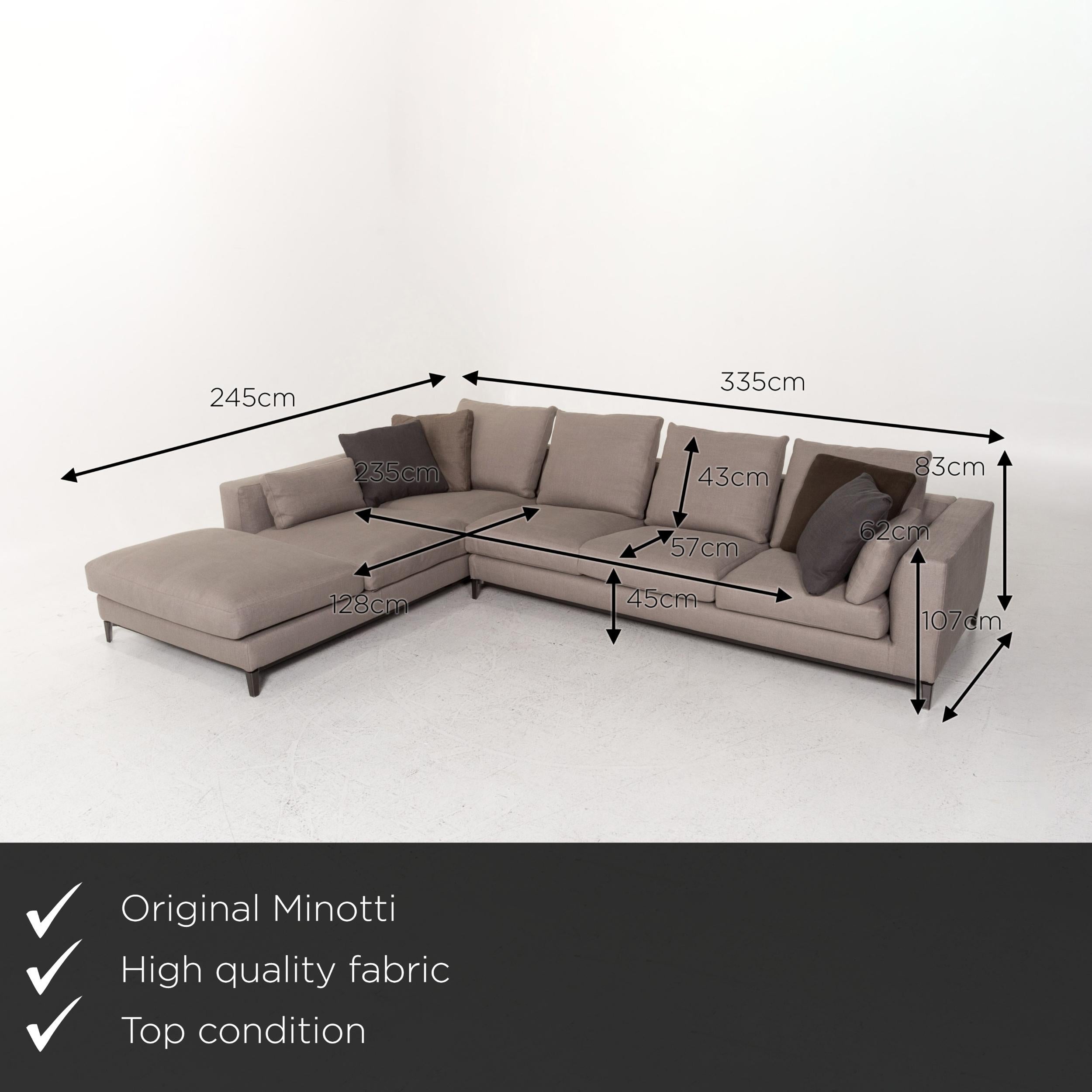 We present to you a Minotti Andersen fabric corner sofa gray Skandi sofa couch.


 Product measurements in centimeters:
 

Depth 107
Width 245
Height 83
Seat height 45
Rest height 62
Seat depth 57
Seat width 128
Back height 43.

  