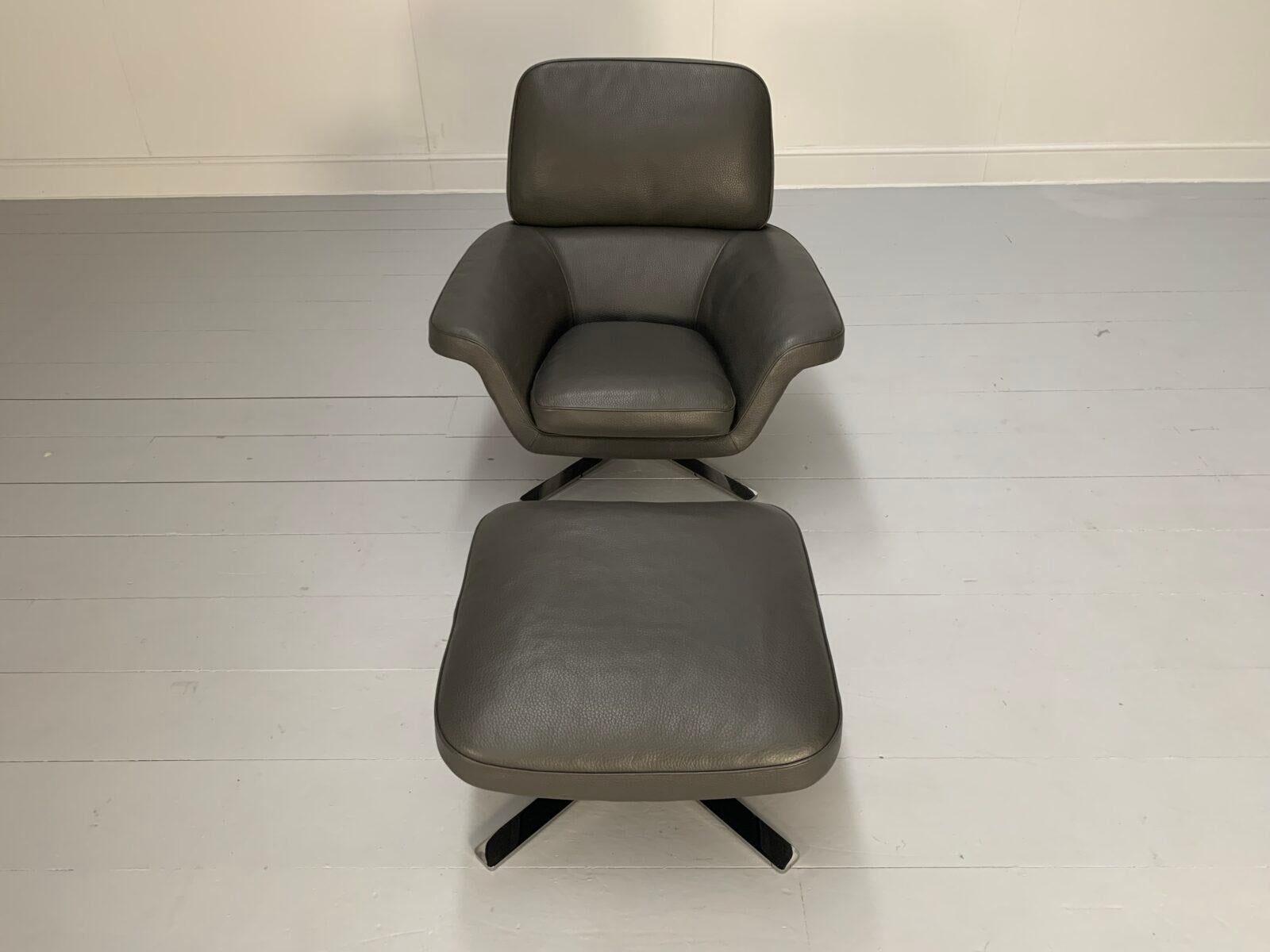 Contemporary Minotti “Blake Soft” Armchair & Footstool – In Dark Grey “Pelle” Leather