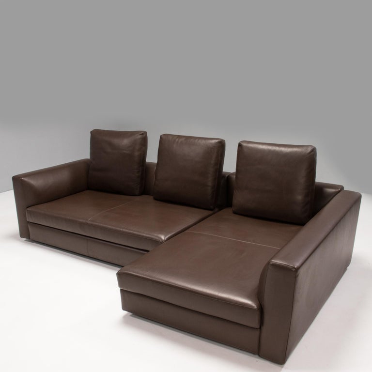 Minotti Brown Leather Corner Sofa For Sale at 1stDibs