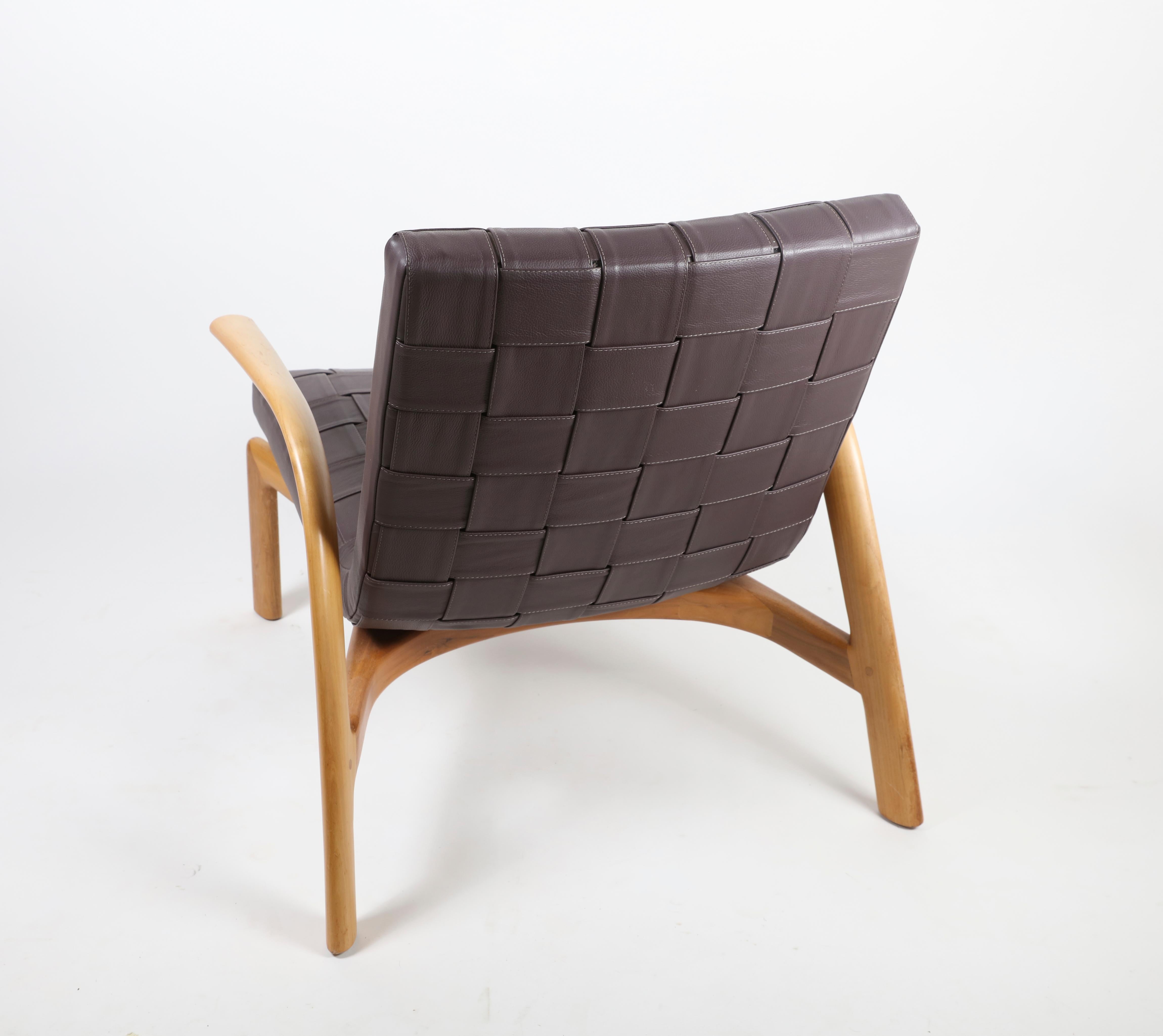 Contemporary Minotti Brown Leather Woven Armchair and Leather Ottoman