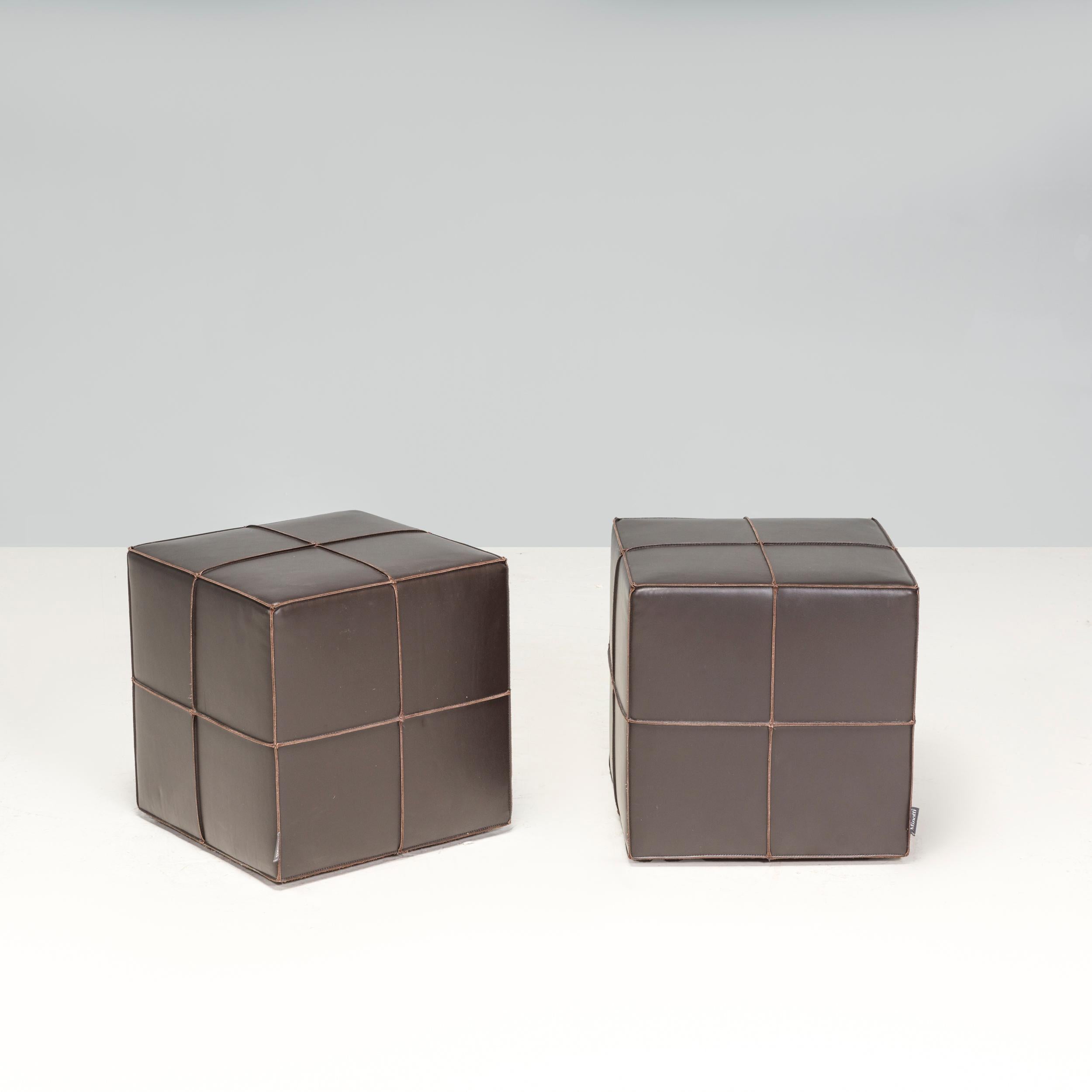 Minotti By Rodolfo Dordoni Villon Pouffe Ottomans Chocolate Leather, Set of Two In Good Condition In Basildon, London