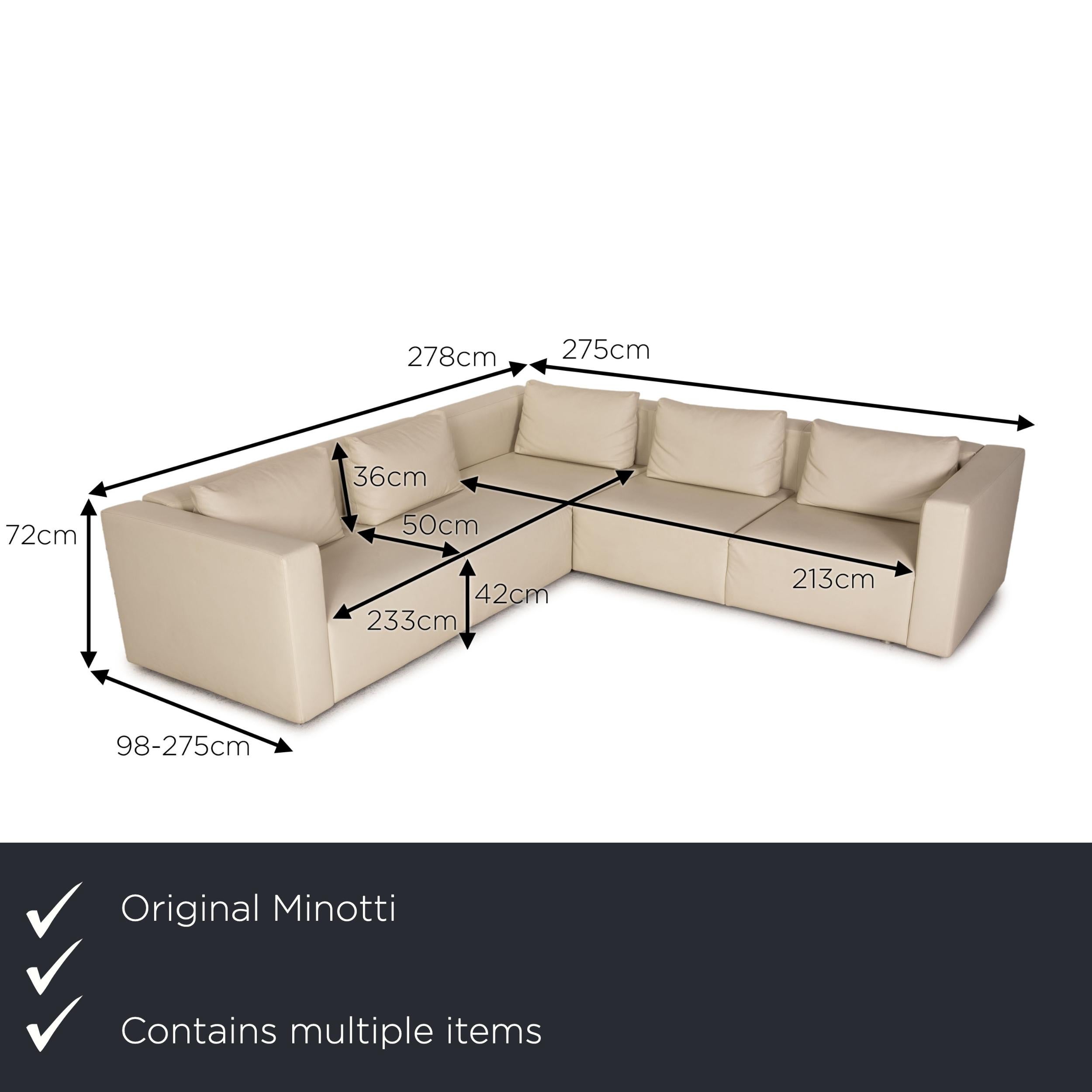 We present to you a Minotti leather sofa set cream corner sofa ottoman.

Product measurements in centimeters:

depth: 98
width: 278
height: 72
seat height: 42
rest height: 68
seat depth: 50
seat width: 213
back height: 36.

 