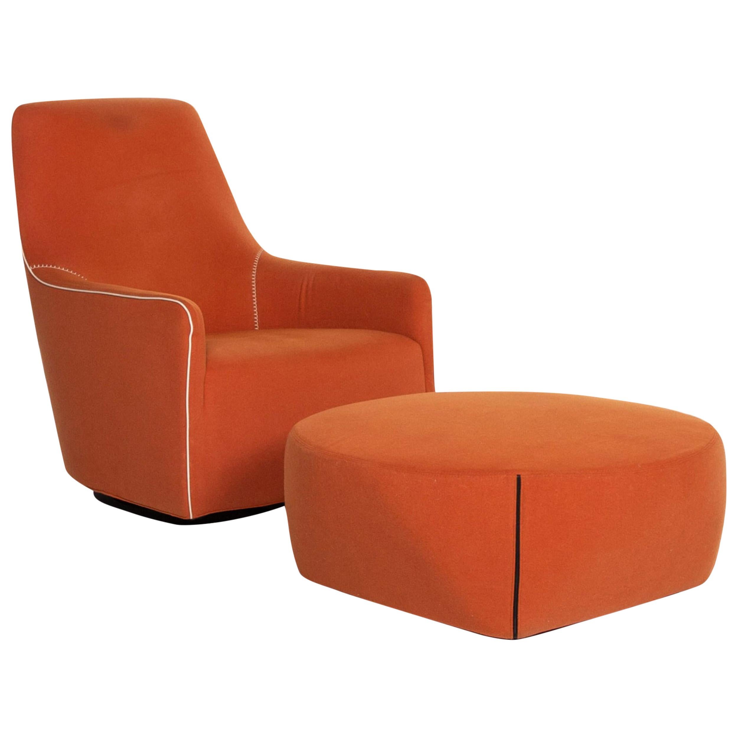 Minotti Portofino Leather Armchair Includes Stool Orange For Sale