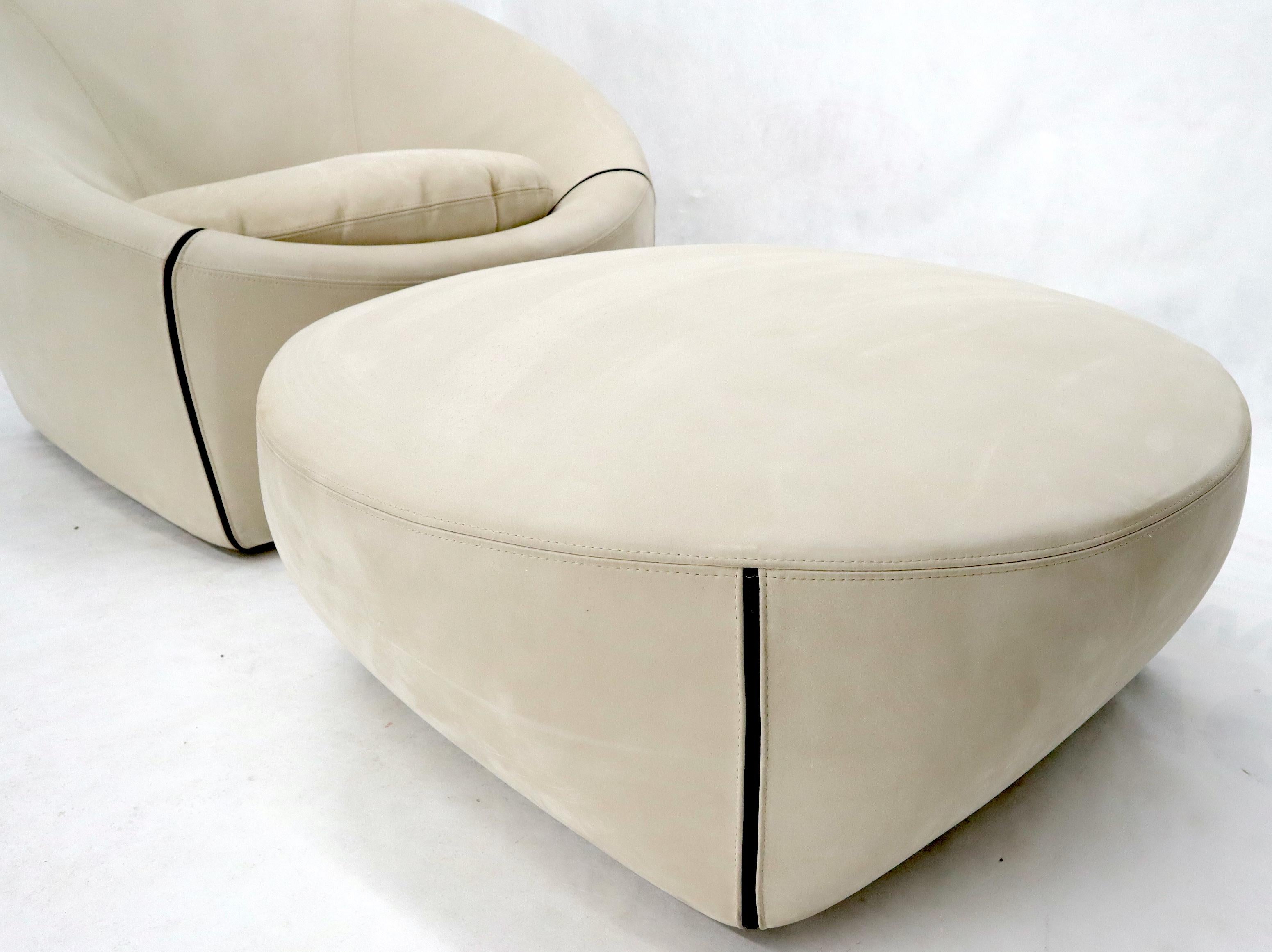 Italian Minotti Rare Light Grey Beige Suede Lounge Chair with Matching Round Ottoman