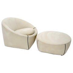 Minotti Rare Light Grey Beige Suede Lounge Chair with Matching Round Ottoman