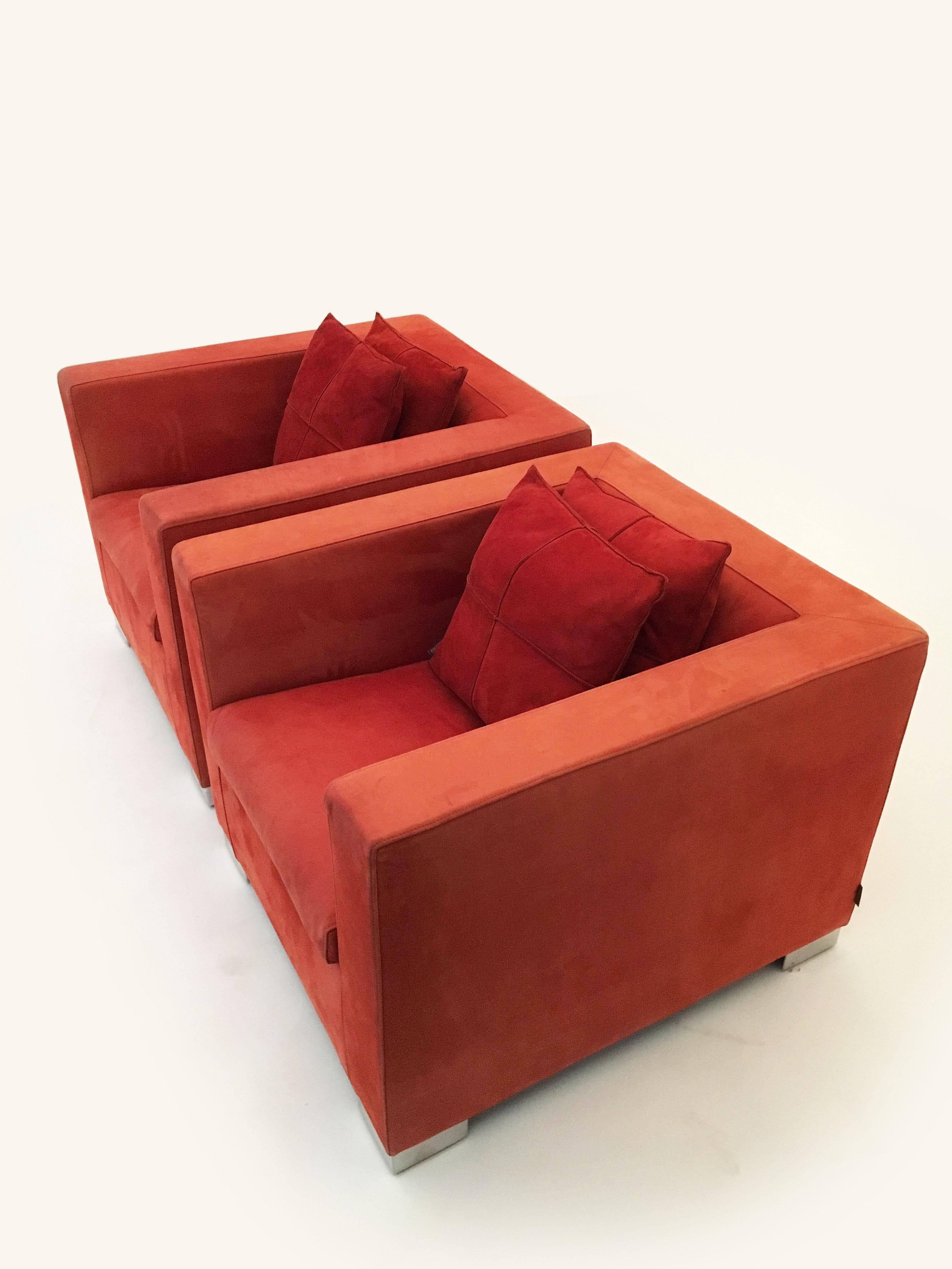 Mid-Century Modern Minotti “Suitcase” Pair Club Chairs Armchairs, Rodolfo Dordoni, Italy, 1980s For Sale