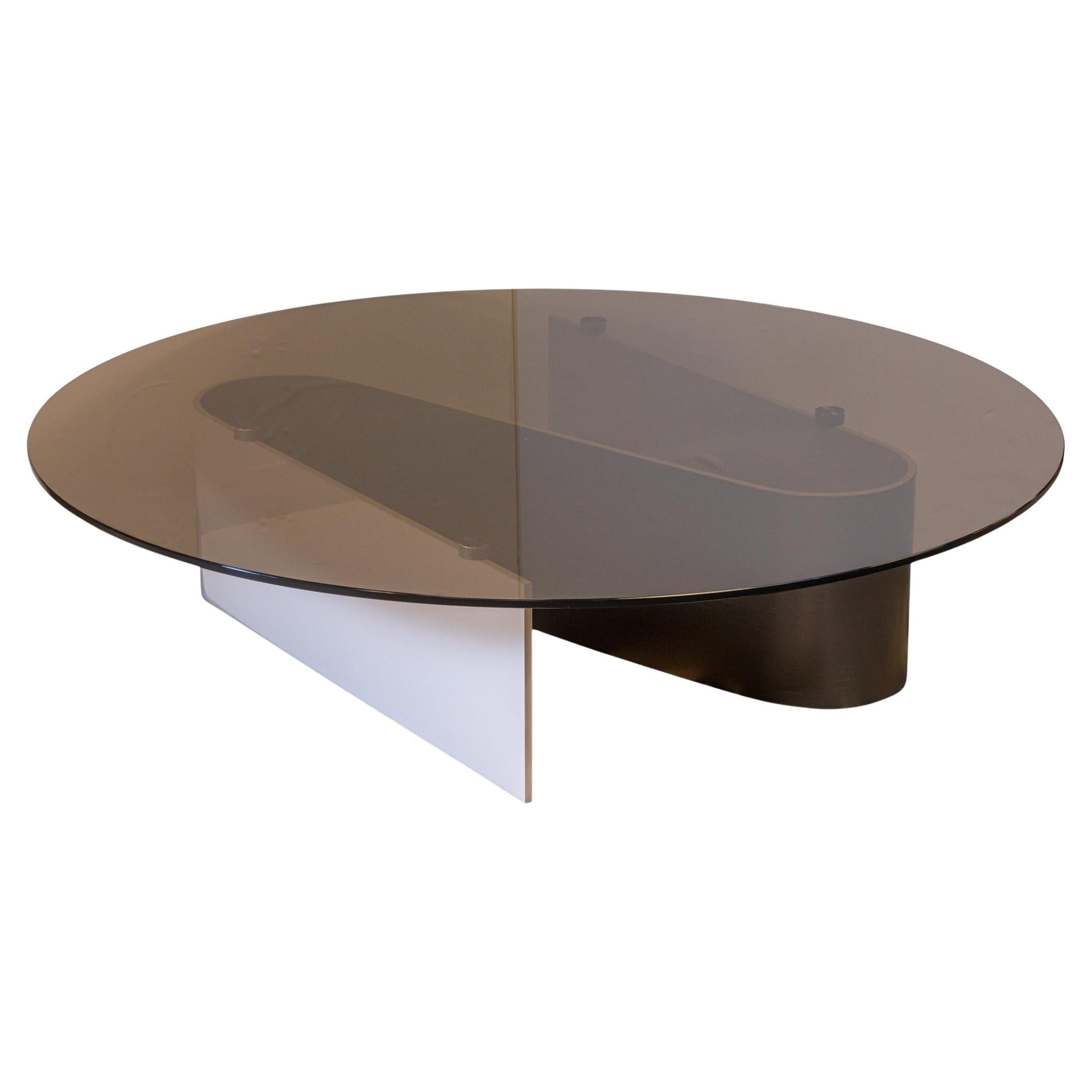 Table basse italienne Minotti x Rodolfo Dordoni Bender en acier et verre fumé