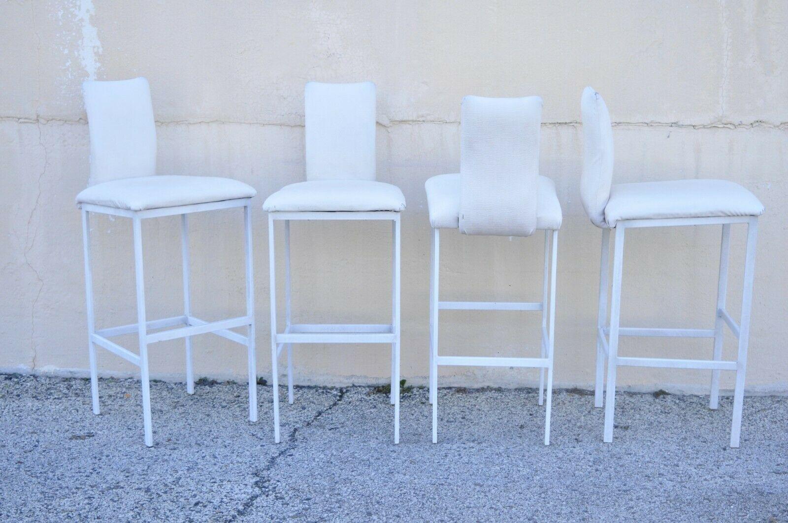 Minson Ent. Contemporary Modern White Metal Sculpted Barstools - Set of 4. Item features metal frames, upholstered back and seat, original label, clean modernist lines, great style and form. Circa Late 20th Century. Measurements: 42