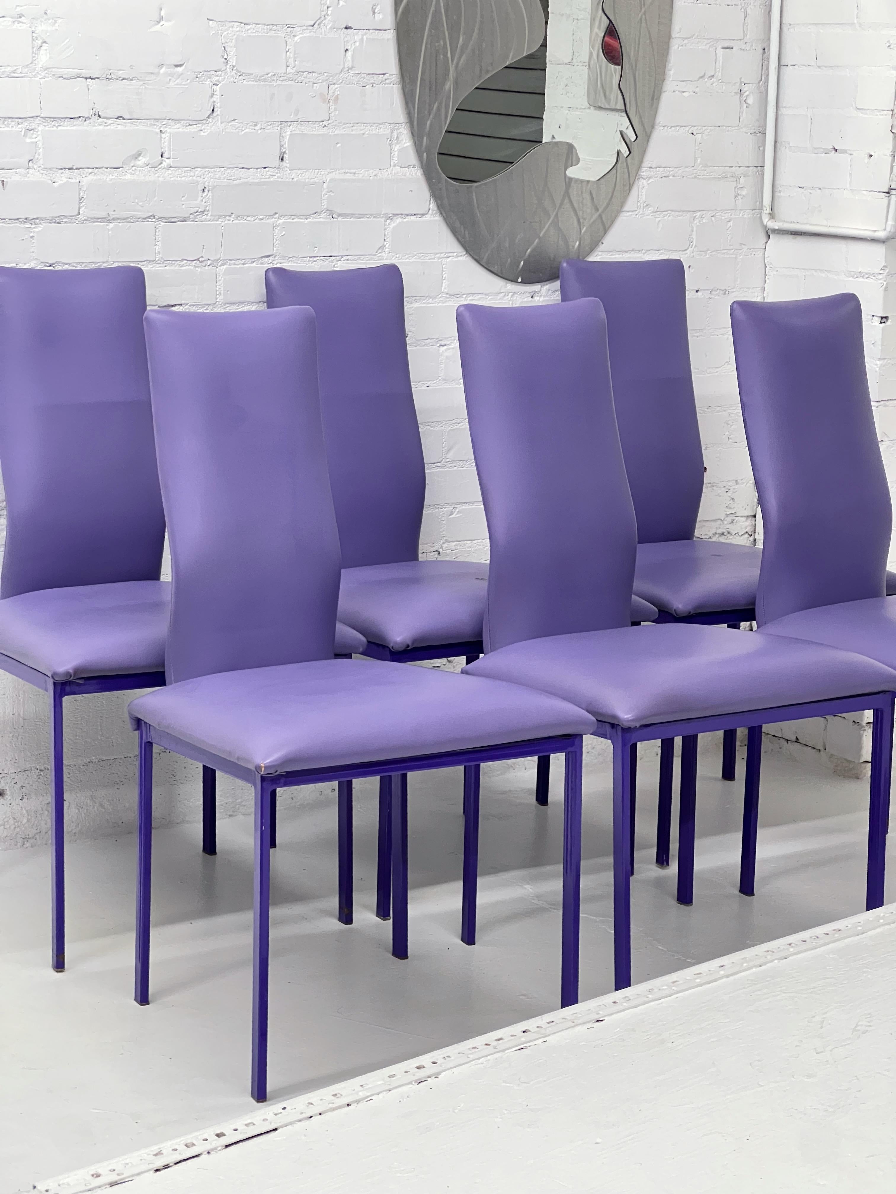 Minson Corp. Post Modern Lavender Sculpted Dining Chairs - Set of 6. Featuring metal frames, lavender upholstered back and seat, original label, curvaceous lines, great style and form.

Metal frames have some minor chipping on the color, upholstery
