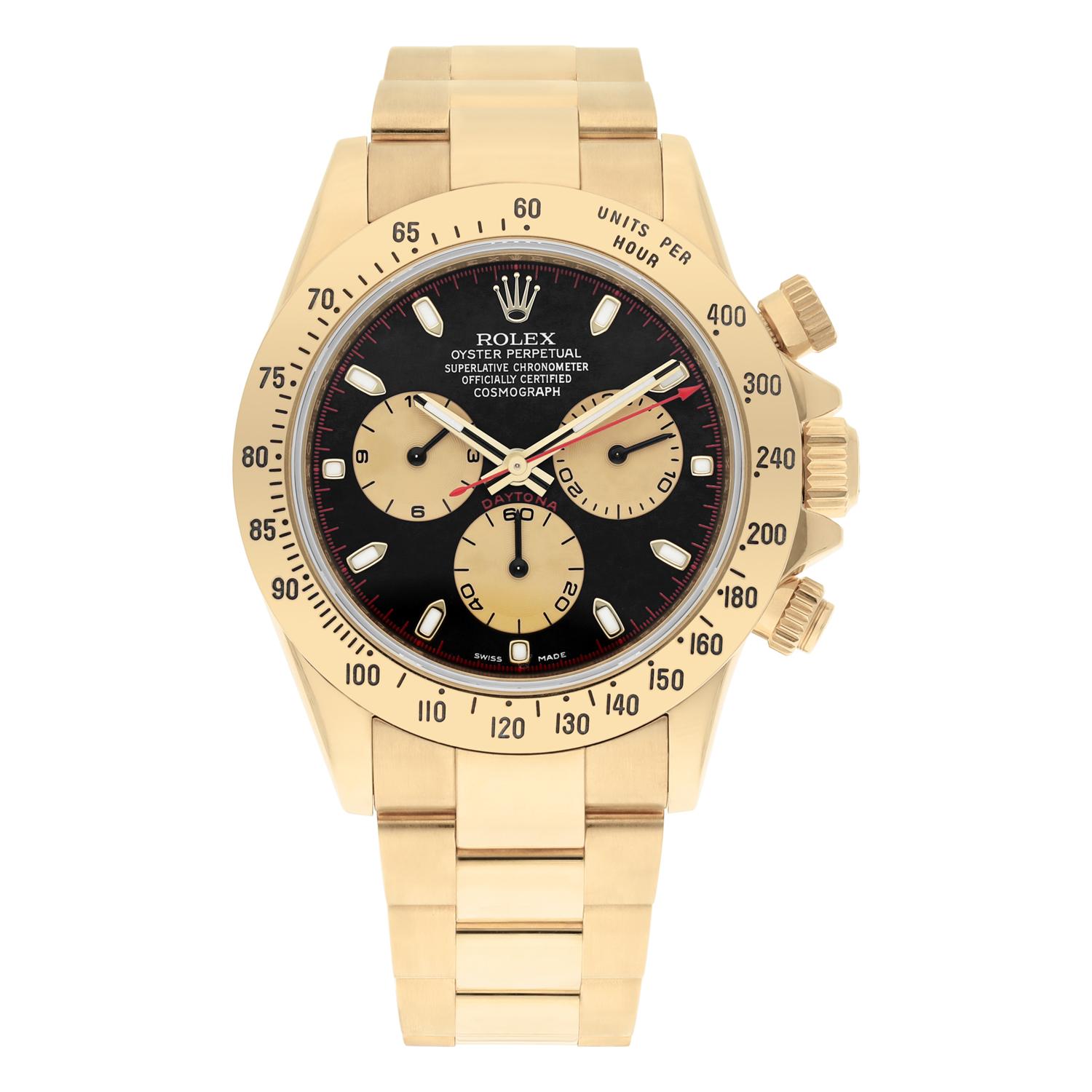 M Serie Gelbgold Rolex Cosmograph Daytona 116528. Mit einem schwarzen Paul Newman-Zifferblatt mit kontrastierender äußerer Minuterie und champagnerfarbenen Hilfszifferblättern sowie einer Tachymeterlünette aus Gelbgold. Ausgestattet mit einem