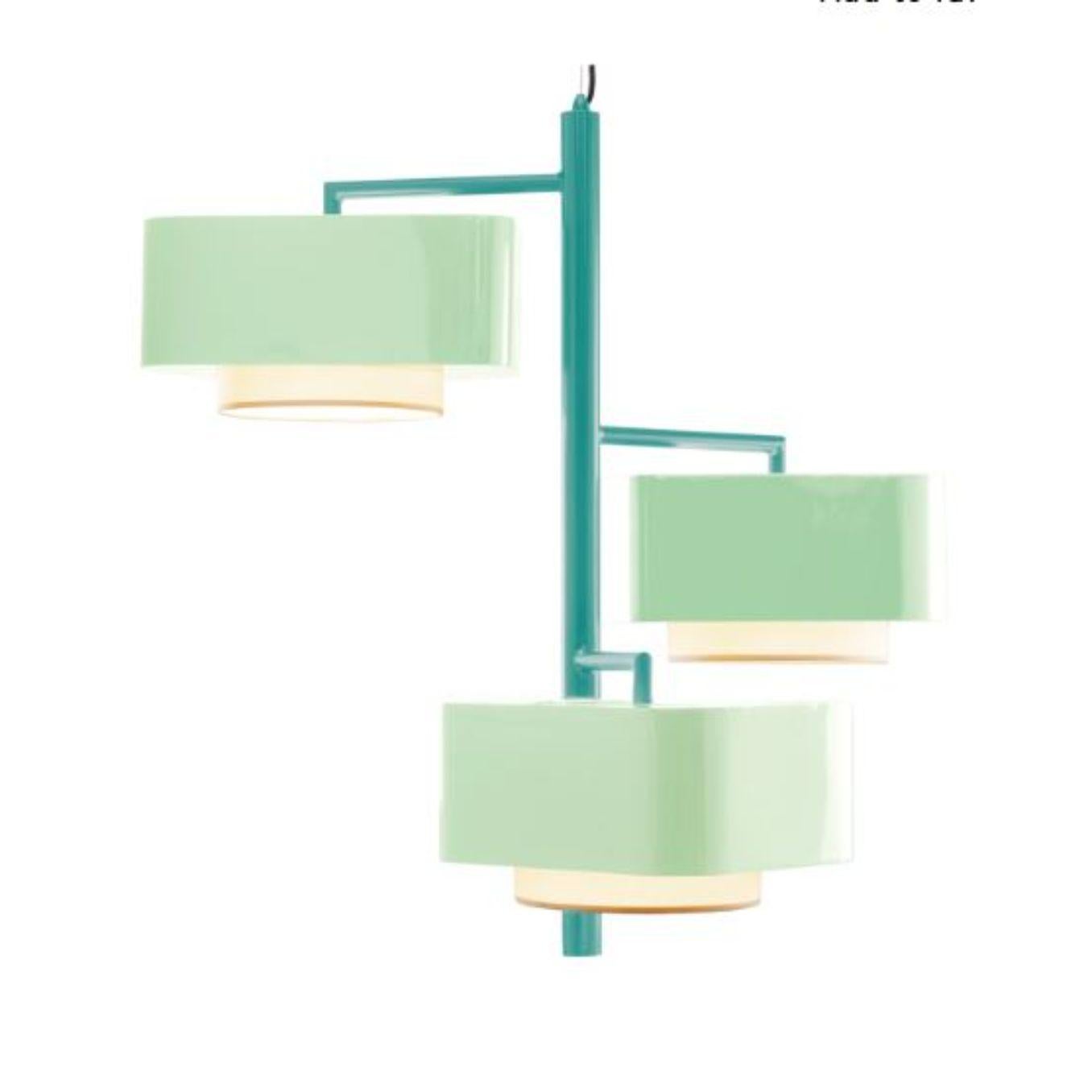 Mint and Dream Carousel I Suspension lamp by Dooq
Dimensions: W 97 x D 97 x H 86 cm
Materials: lacquered metal.
abat-jour: cotton
Also available in different colors.

Information:
230V/50Hz
E27/3x20W LED
120V/60Hz
E26/3x15W LED
bulbs not