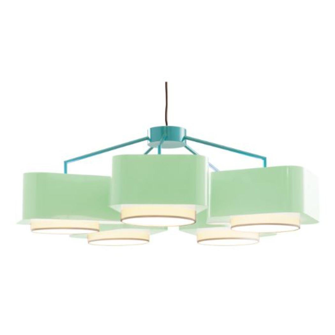 Mint and Dream carousel suspension lamp by Dooq
Dimensions: W 110 x D 110 x H 40 cm
Materials: lacquered metal.
abat-jour: cotton
Also available in different colors.

Information:
230V/50Hz
E27/5x20W LED
120V/60Hz
E26/5x15W LED
bulbs not