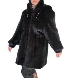 Mint black mink fur coat detachable hood 12/L ~no duties