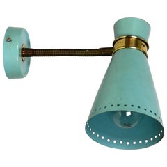 Mint Blue Original Midcentury Brass and Metal Gooseneck Diabolo Wall Lamp