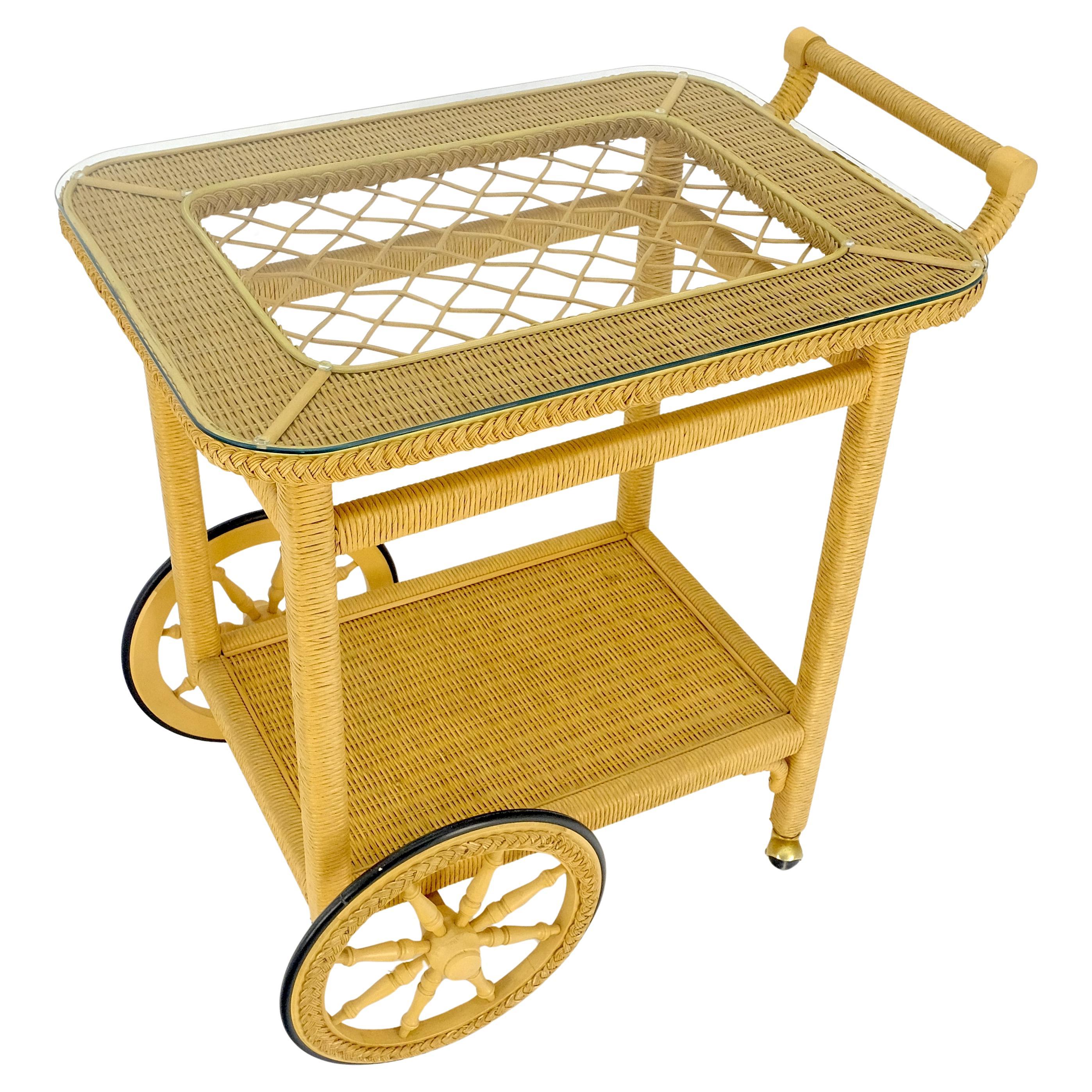 Mint c1960s Mid Century Modern Blond Wicker Serving Table Bar Cart For Sale