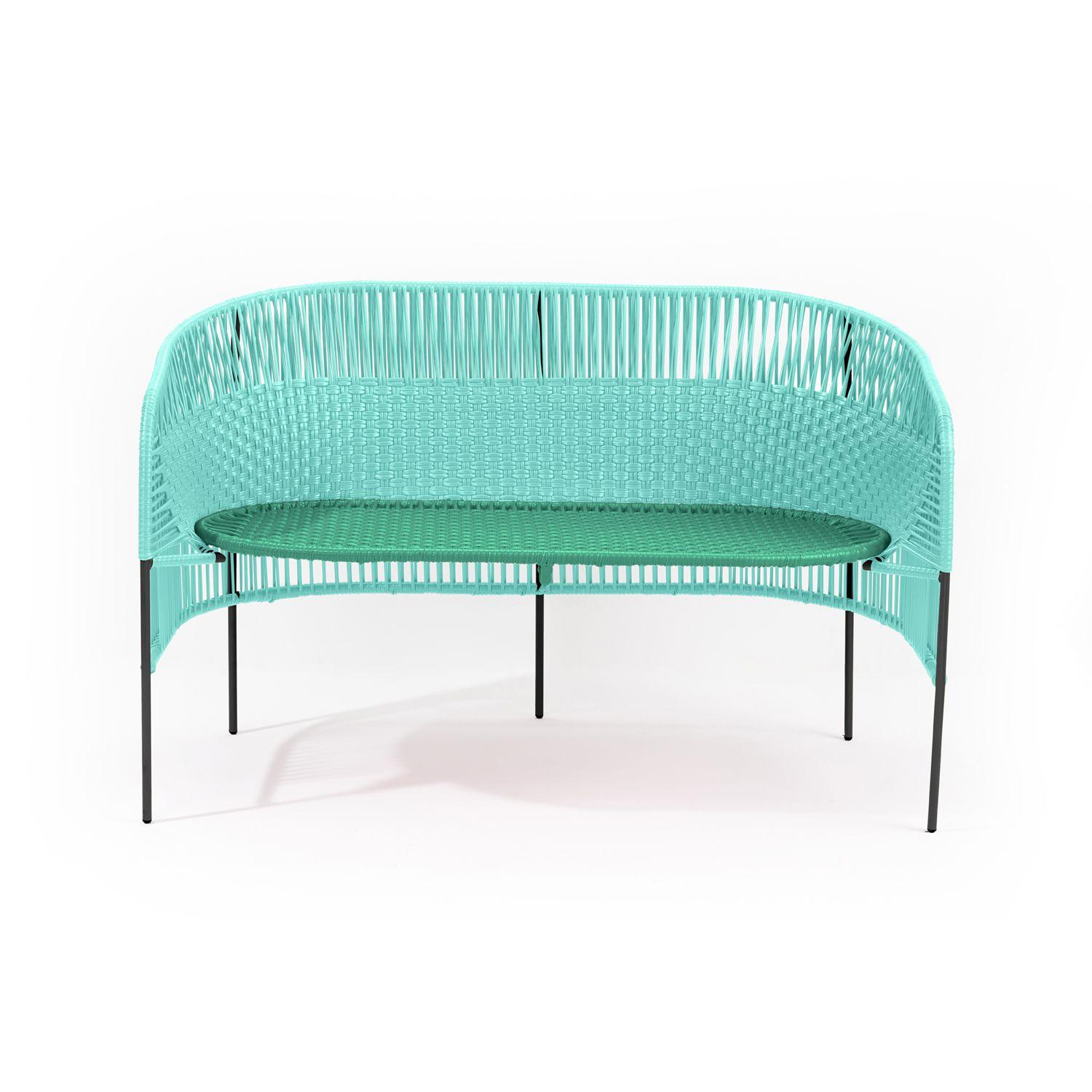 Mint Caribe 2 seater bank by Sebastian Herkner
Materials: Galvanized and powder-coated tubular steel. PVC strings are made from recycled plastic.
Technique: Made from recycled plastic and weaved by local craftspeople in Colombia. 
Dimensions: W