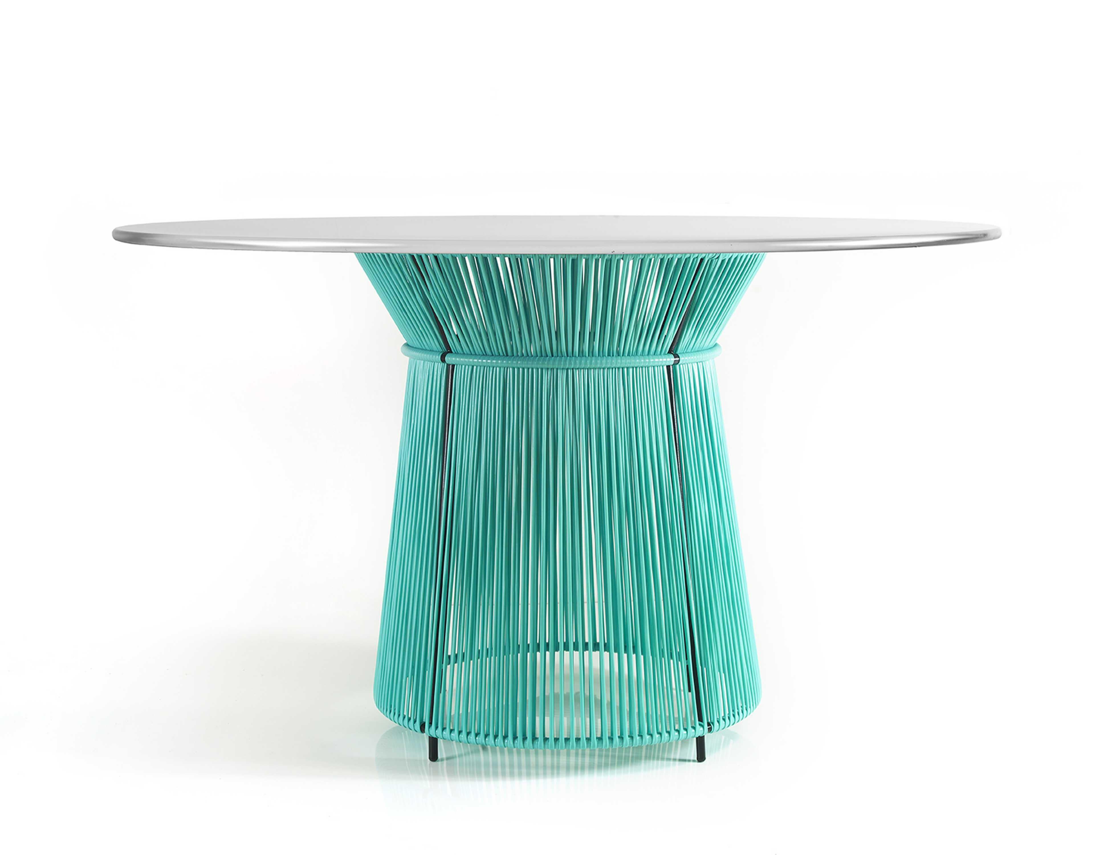 Mint Caribe dining table by Sebastian Herkner
Materials: Galvanized and powder-coated tubular steel. PVC strings are made from recycled plastic.
Technique: Made from recycled plastic and weaved by local craftspeople in Colombia. 
Dimensions: 
Top