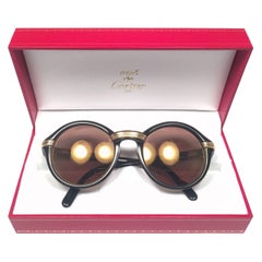 Mint Cartier Cabriolet Round Black & Gold 49MM 18K Gold Sunglasses France 1990's