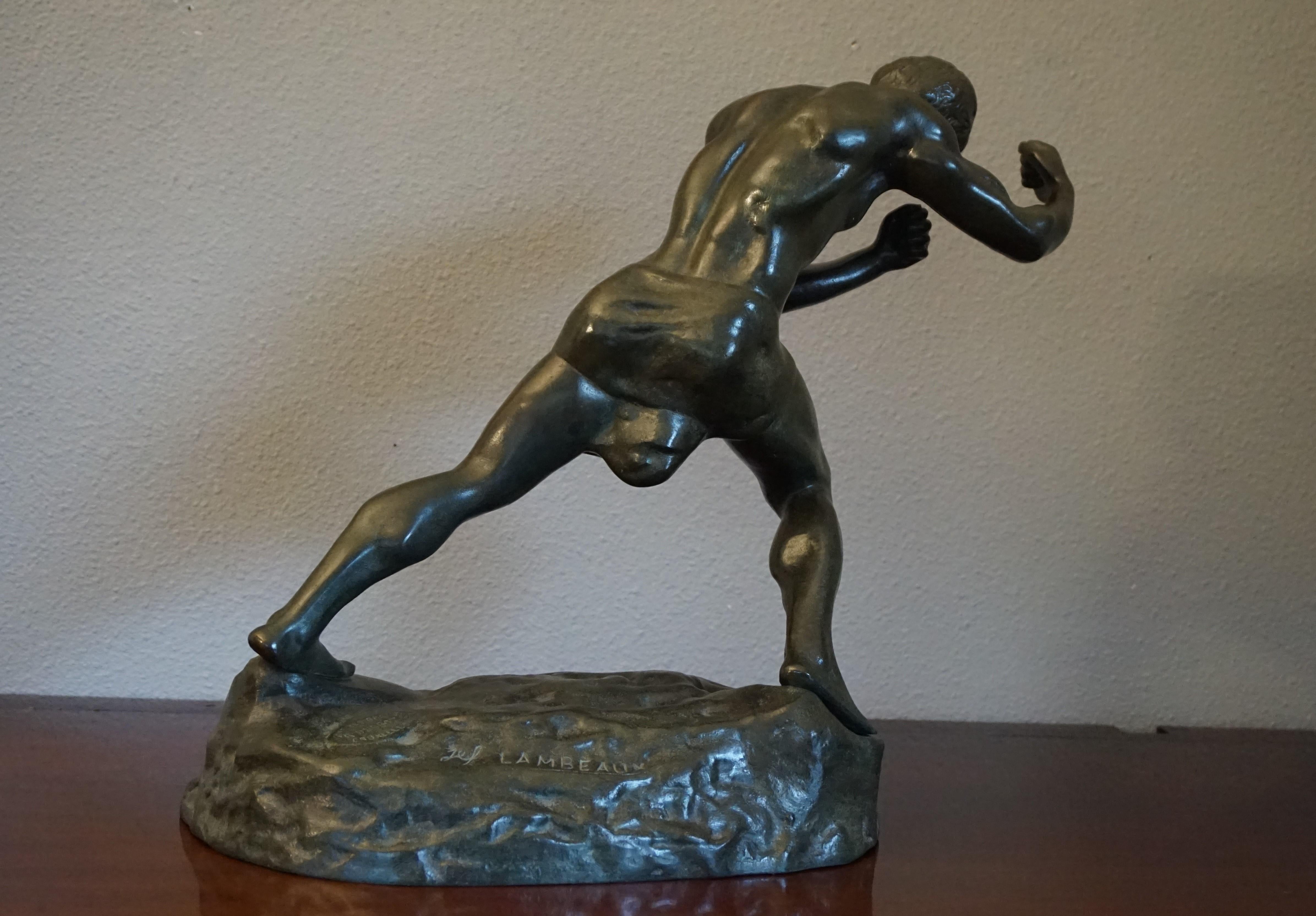 Sculpture de boxeur / combattant de prix en bronze lourd en état neuf par Jef Lambeaux en vente 9