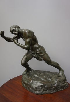 Sculpture de boxeur / combattant de prix en bronze lourd en état neuf par Jef Lambeaux