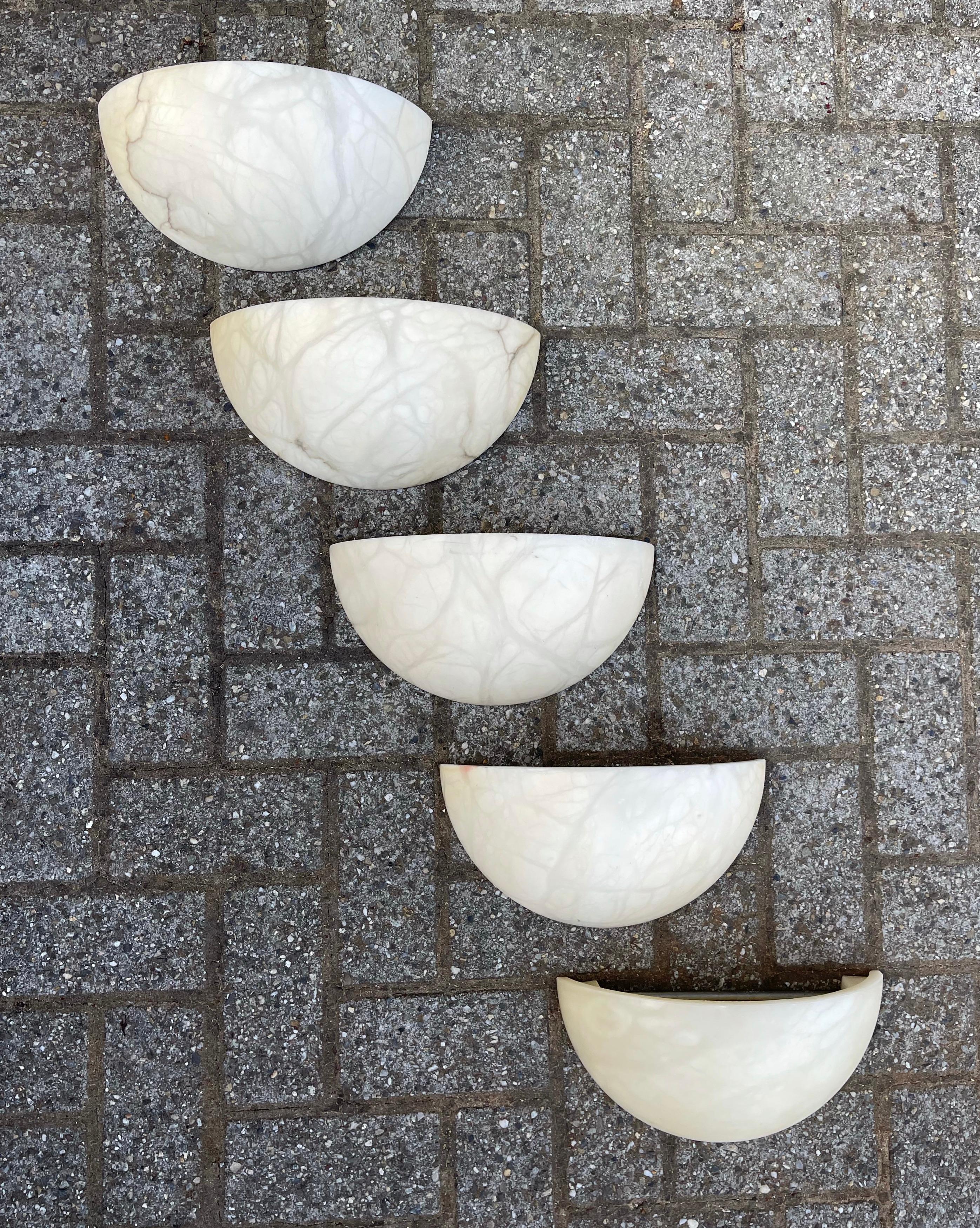 European Mint Condition Large Set or Group of Five Art Deco Style, Alabaster Wall Sconces