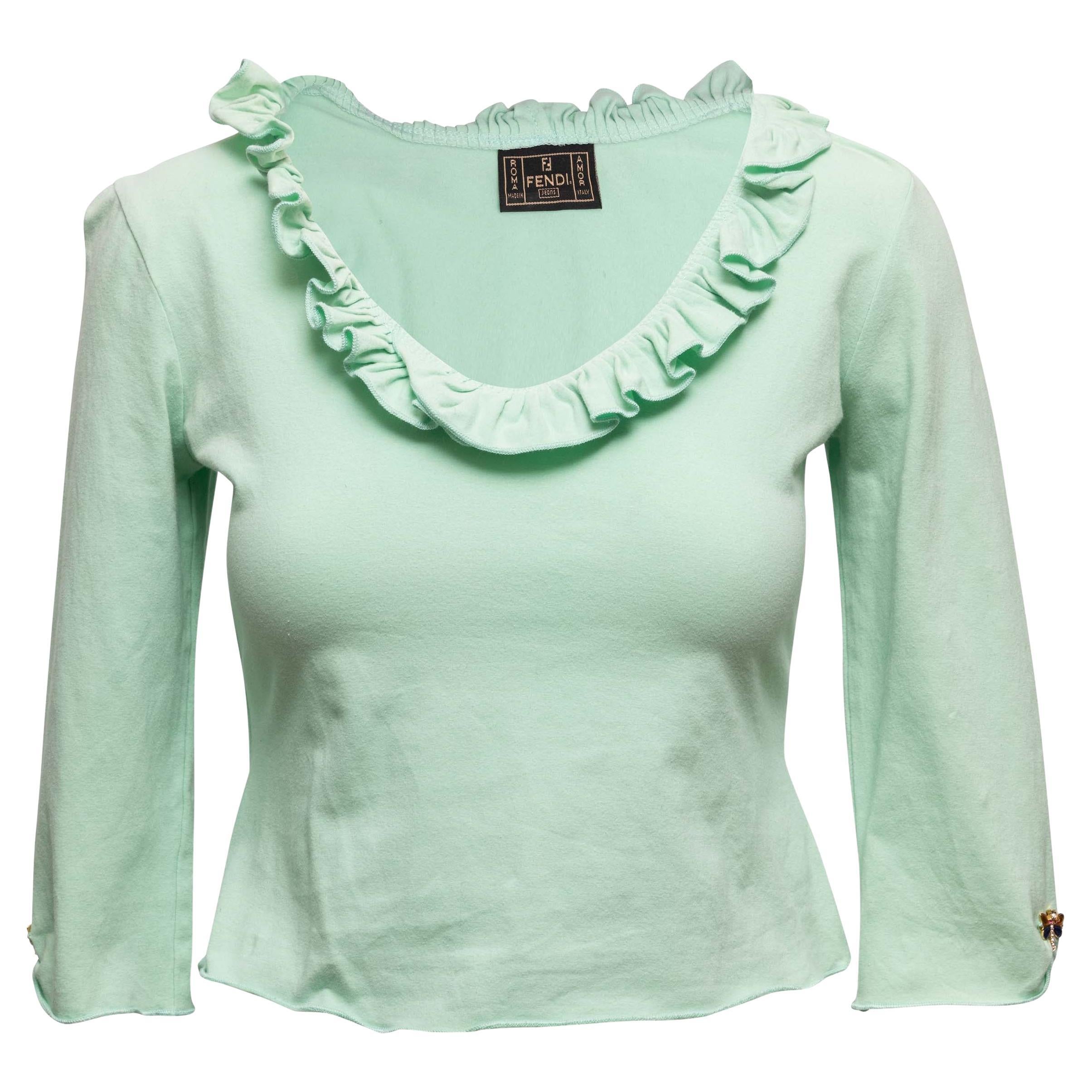 Mint Fendi Ruffle-Trimmed Three-Quarter Sleeve Sweater For Sale