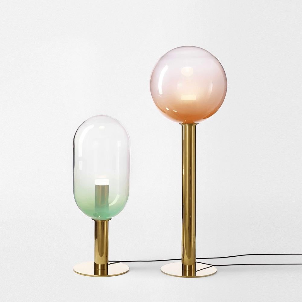 Mint / Gold Blown Crystal Glass Floor Lamp, Phenomena by Dechem Studio for Bomma

The name chosen for this BOMMA collection, inspired by basic geometric shapes, comes from the Greek word for ‘appearances.’ According to Plato’s teachings, phenomena