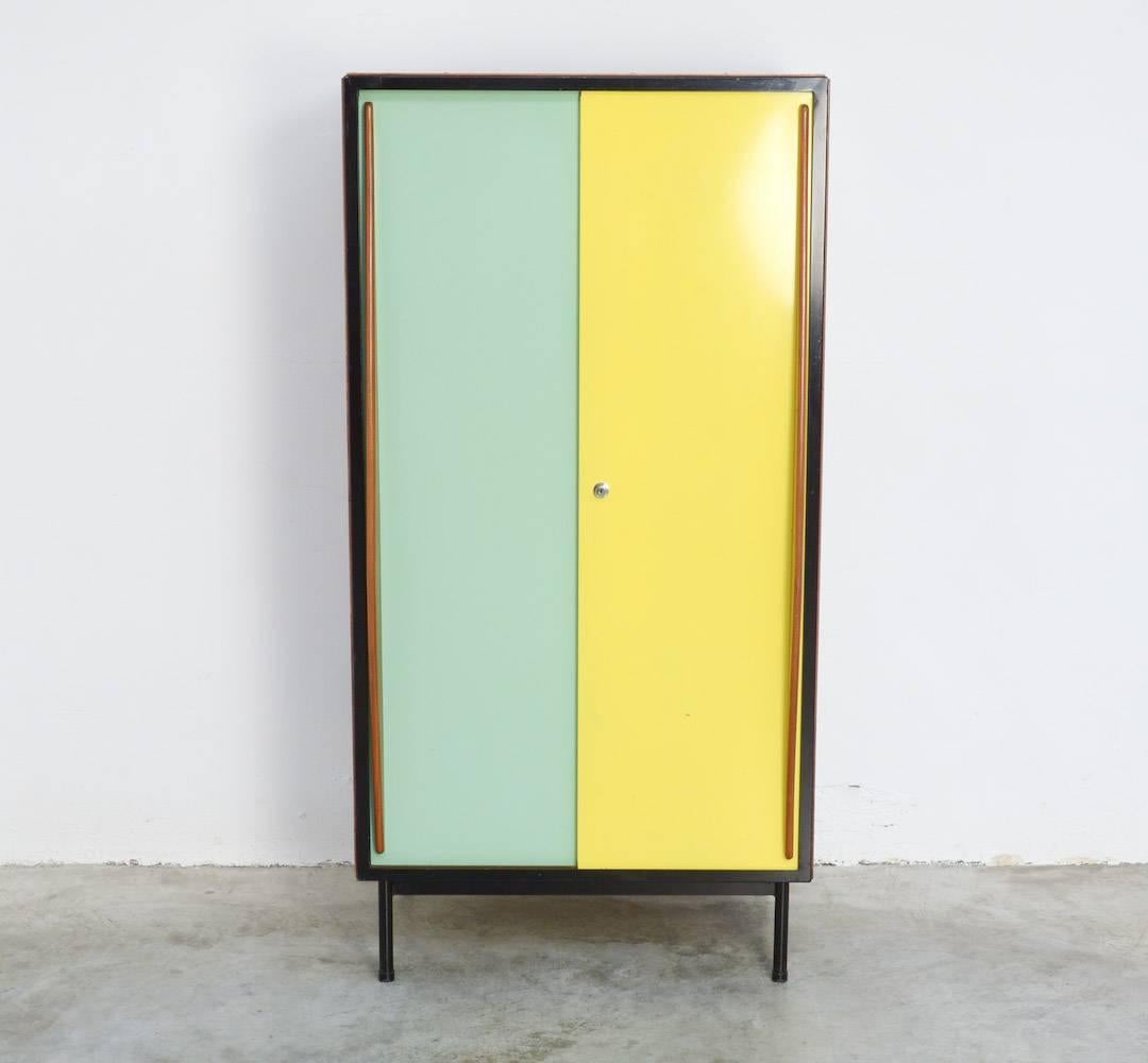 Mid-Century Modern Mint Green and Yellow Wardrobe Cabinet by Willy Van Der Meeren