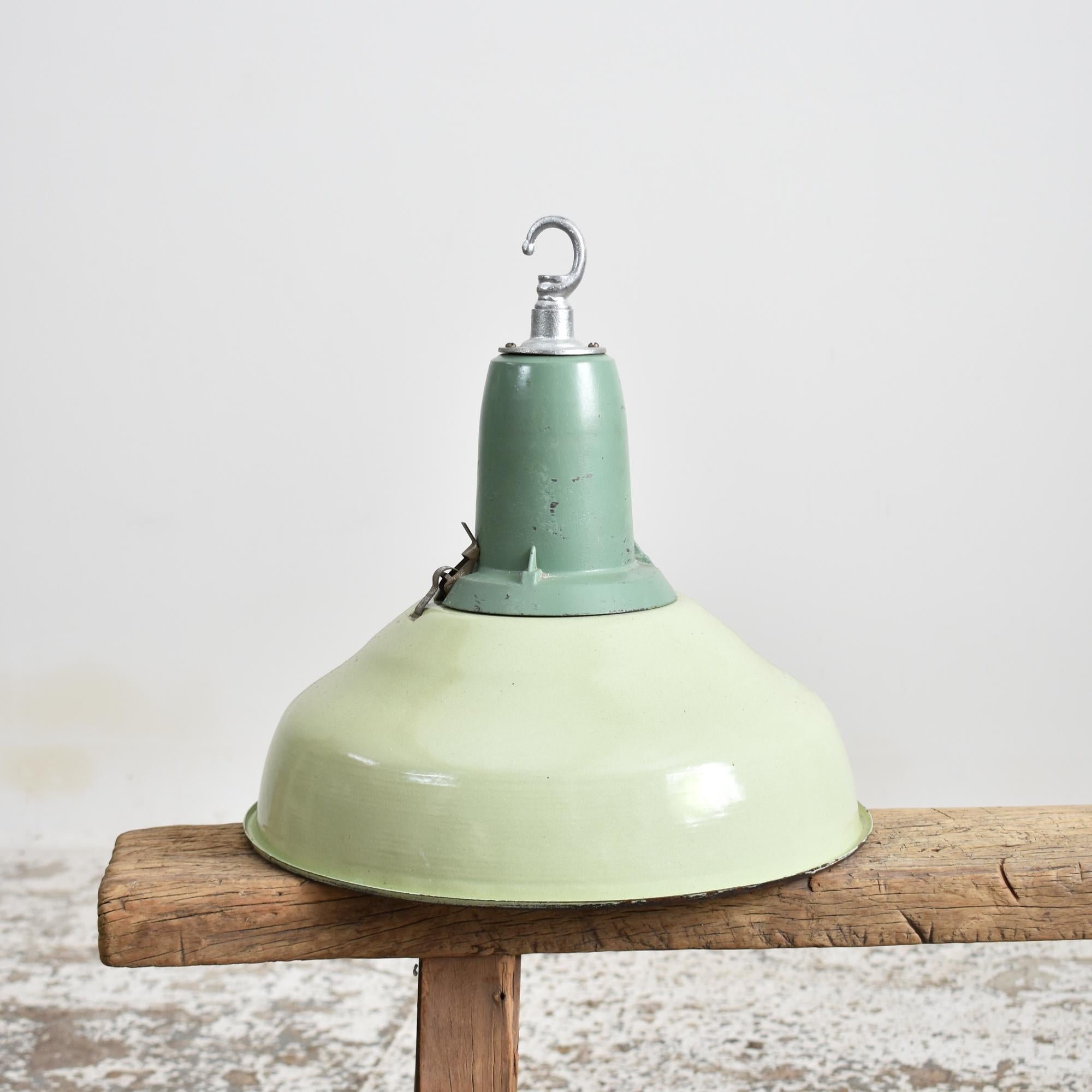 Mint Green Antique Industrial Enamel Factory Warehouse Pendant Kitchen Light In Good Condition In Stockbridge, GB