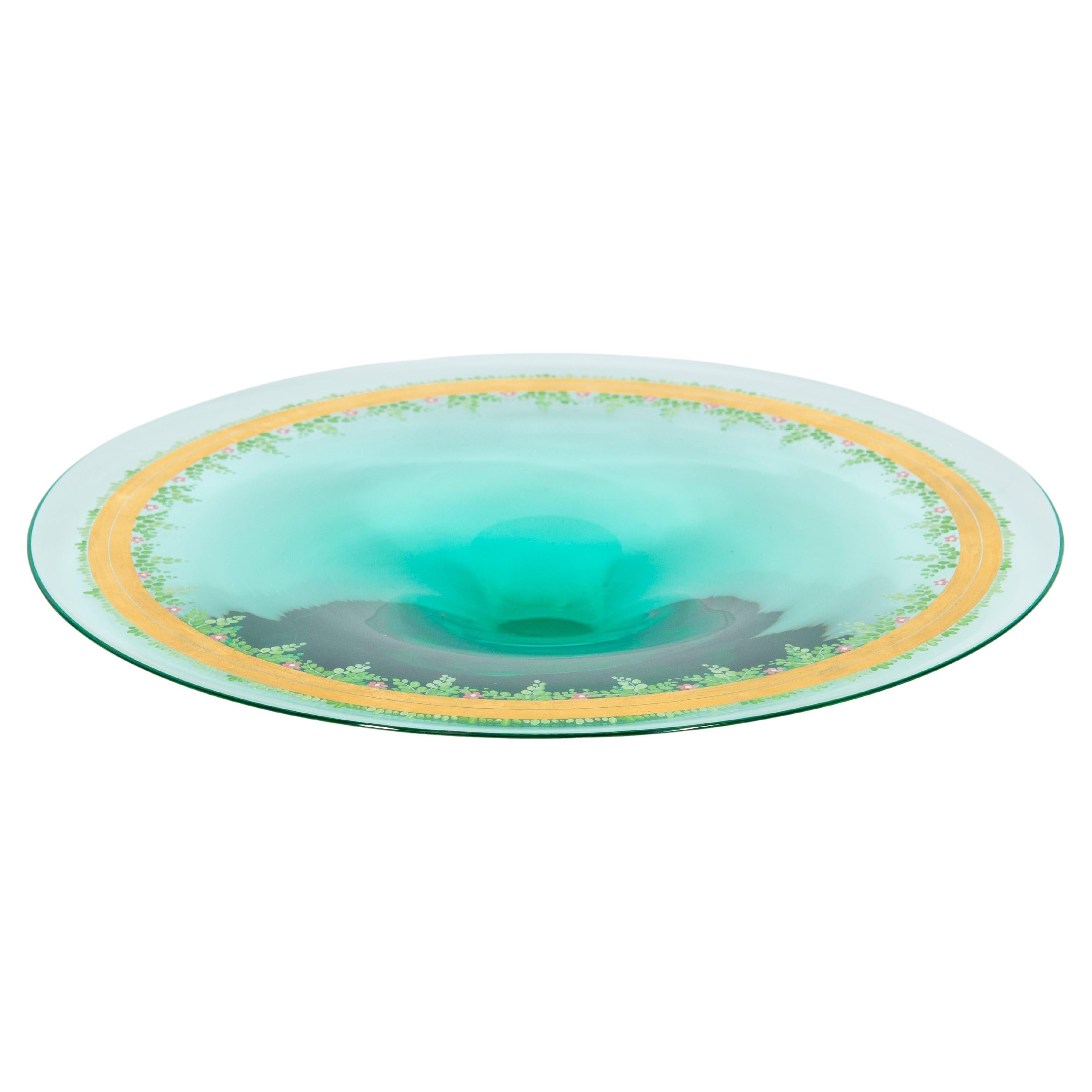 Cuenco con pie de cristal de Murano soplado verde menta con decoración floral Años 80 Italia