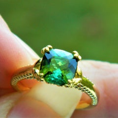 Mint Green Cushion Cut Tourmaline Set in Flower Prongs and Beading in 18K Green