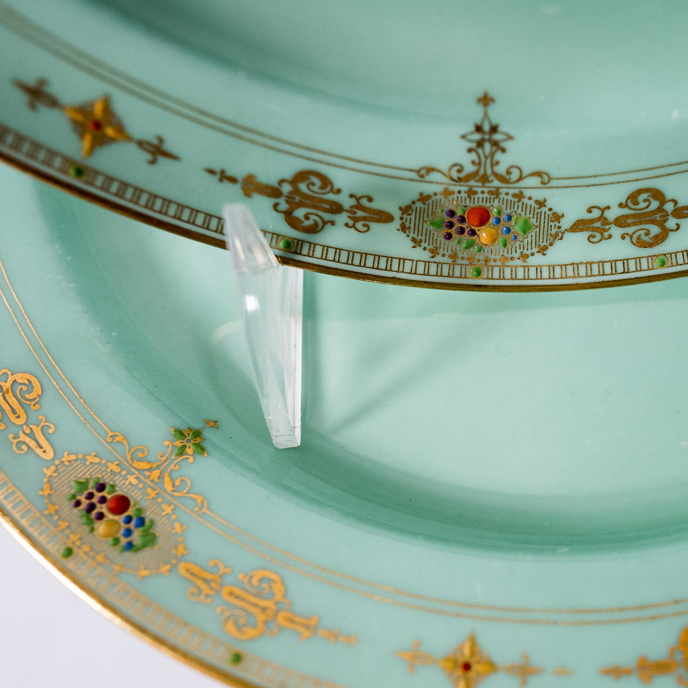 Art Nouveau Mint Green Dessert Plates, Set of 11 Antique England with Enamel Decoration