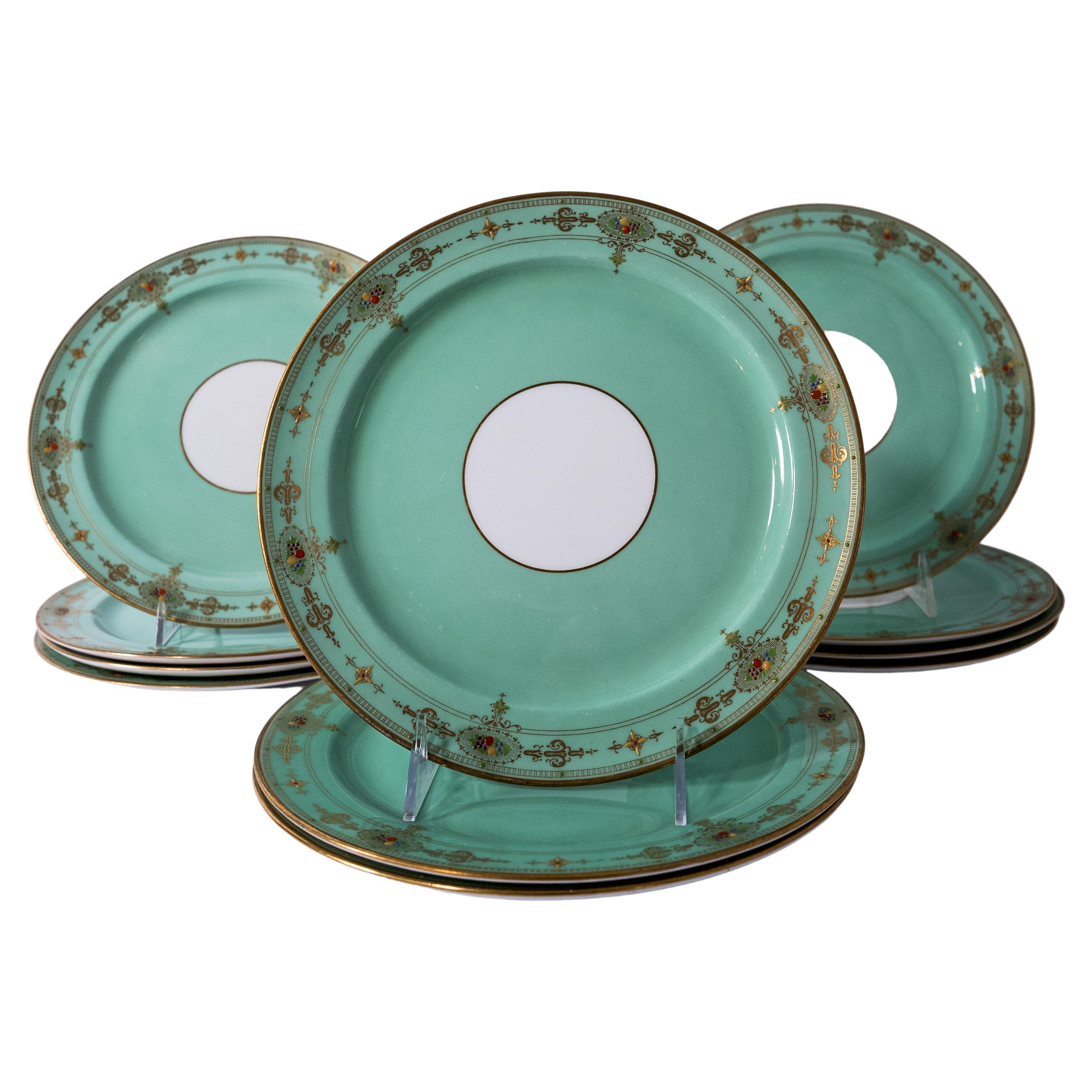 Mint Green Dessert Plates, Set of 11 Antique England with Enamel Decoration