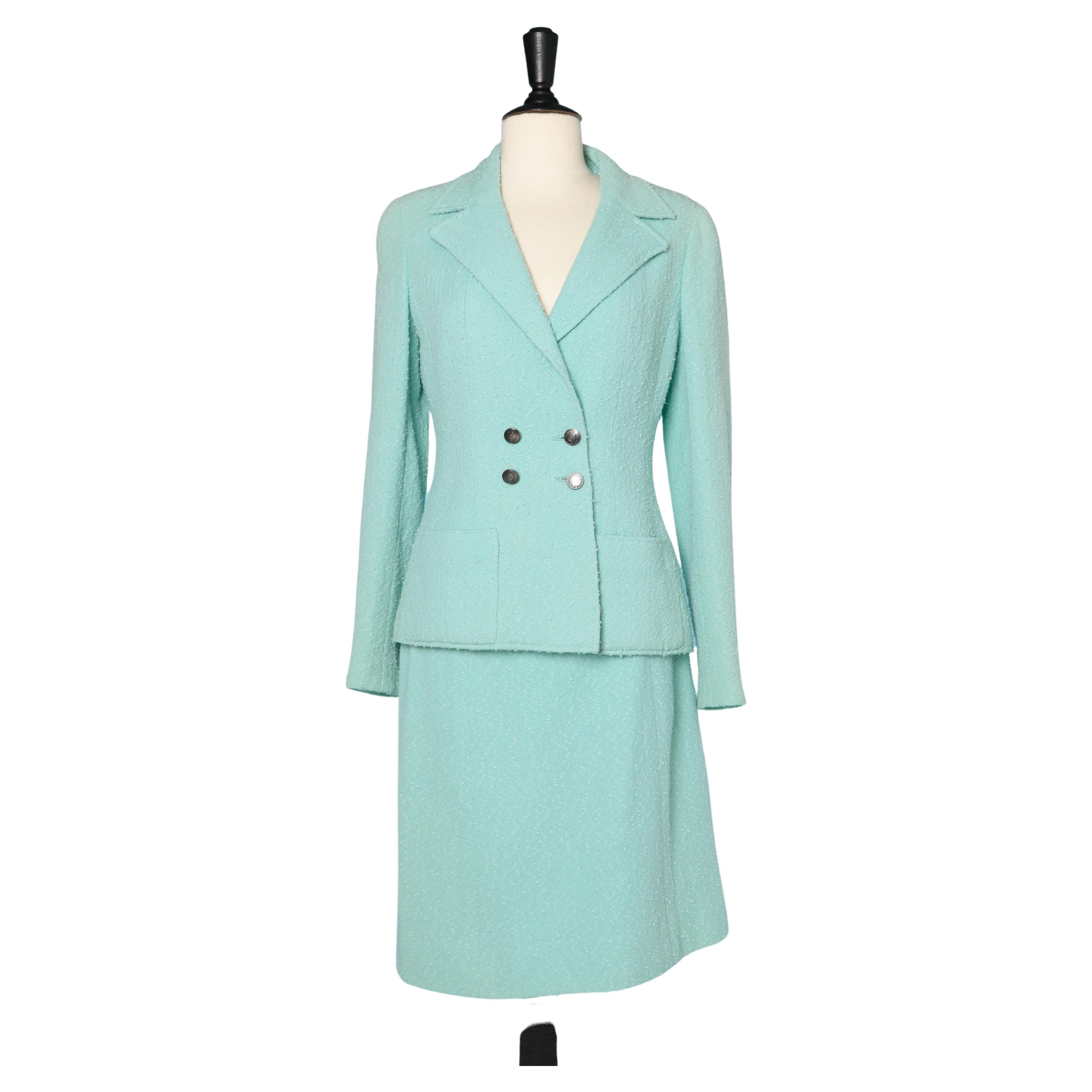 Mint green double-breasted skirt suit in tweed Chanel Boutique 