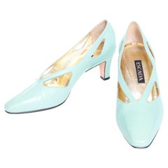 Mint Green Escada Margaretha Ley 1980s Used Leather Shoes W Cutout Details 7B