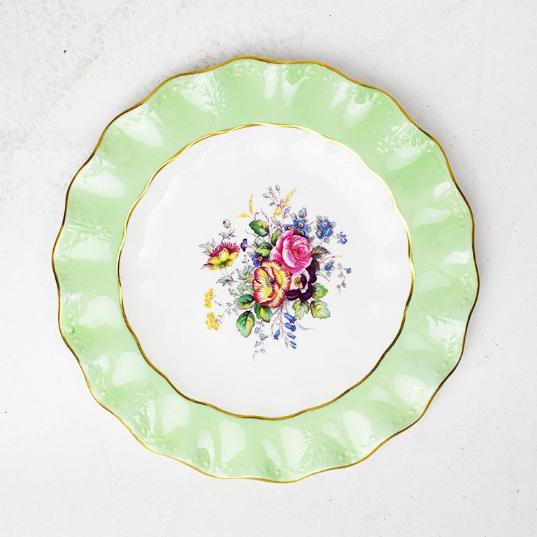 Edwardian Mint Green Floral Bone China Plate by Royal Crown Derby, England, 1950s