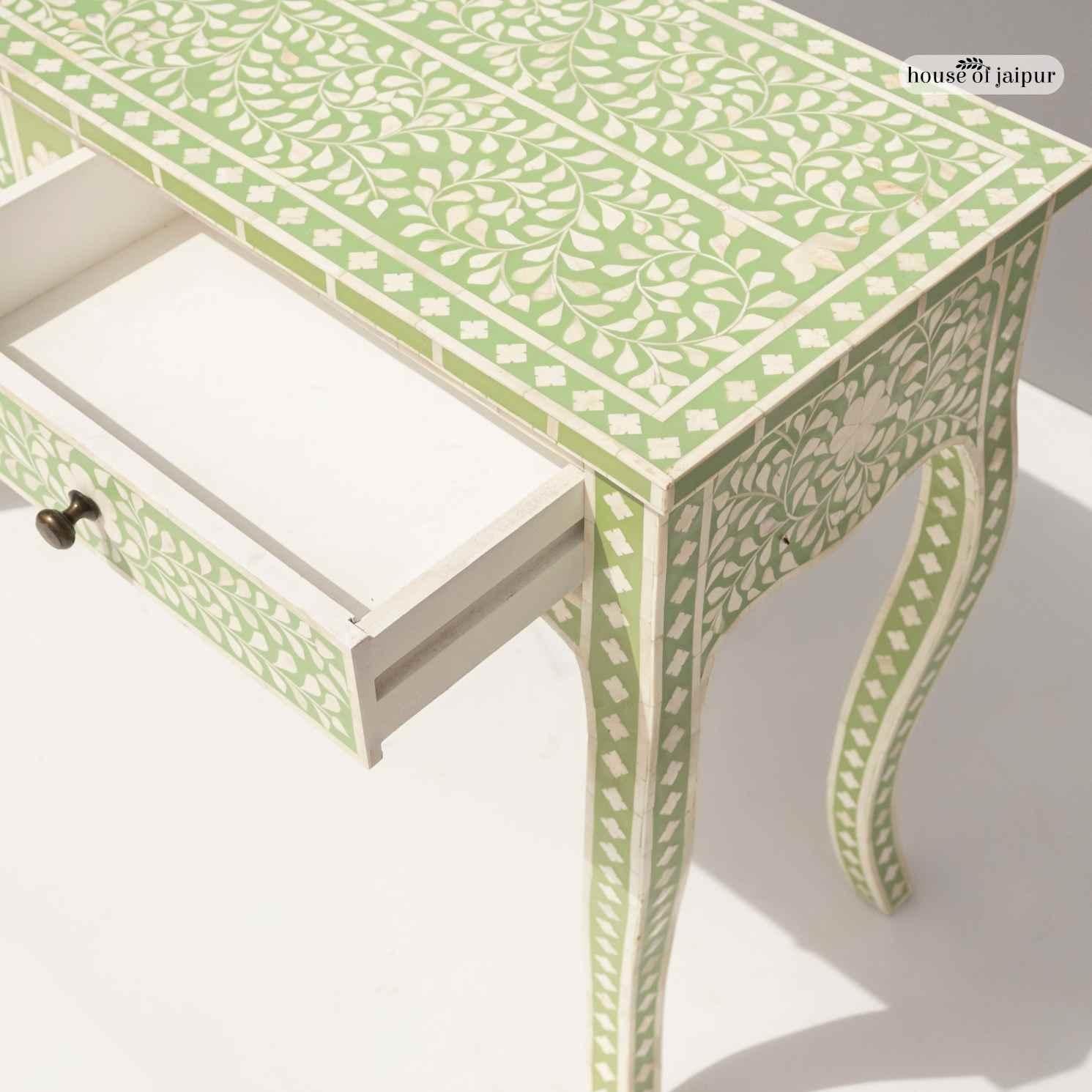 Indian Mint Green French Provincial Bone Inlay Console Table by House of Jaipur For Sale