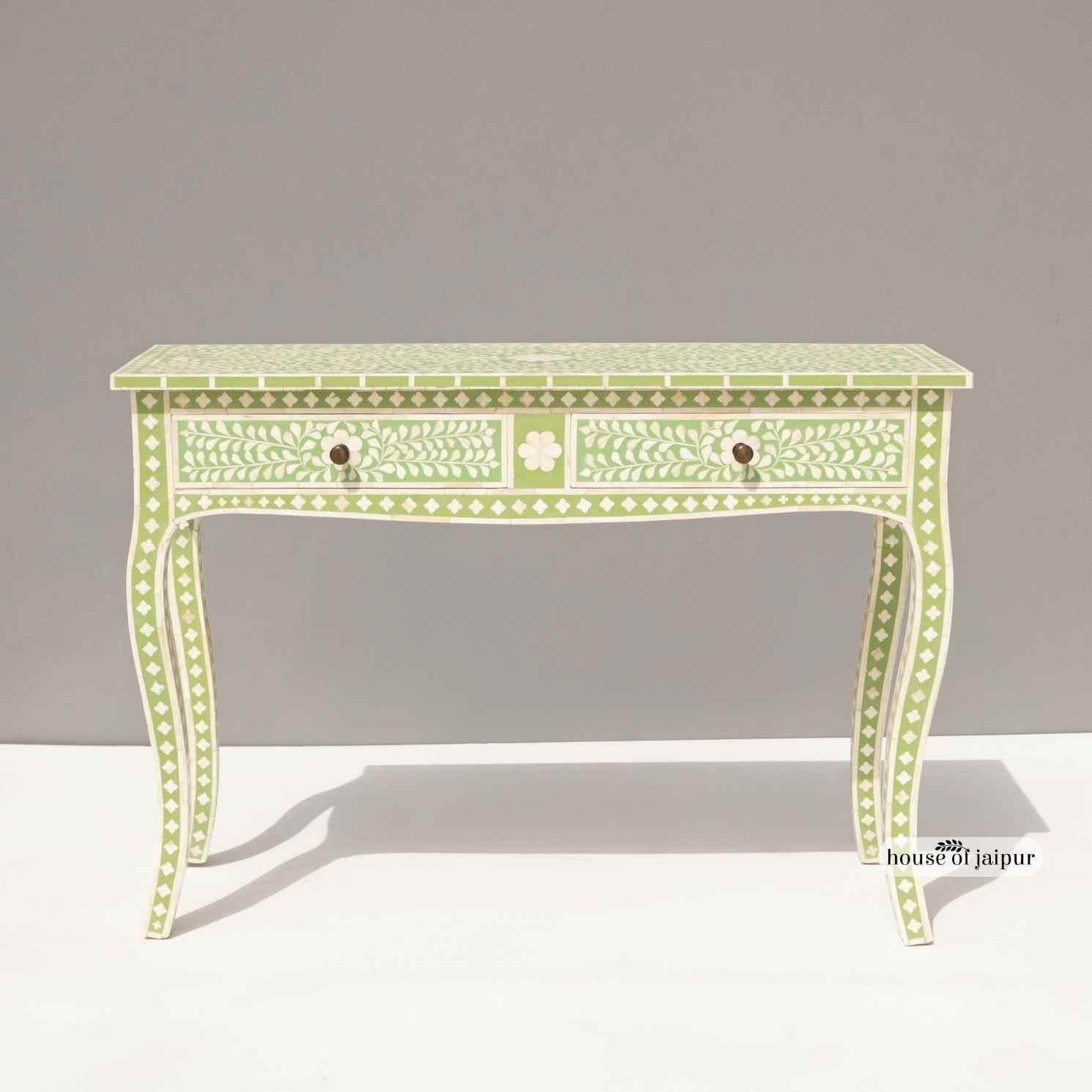 Mint Green French Provincial Bone Inlay Console Table by House of Jaipur In New Condition For Sale In New York, NY