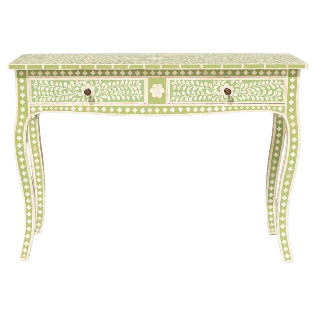 Mint Green French Provincial Bone Inlay Console Table by House of Jaipur For Sale