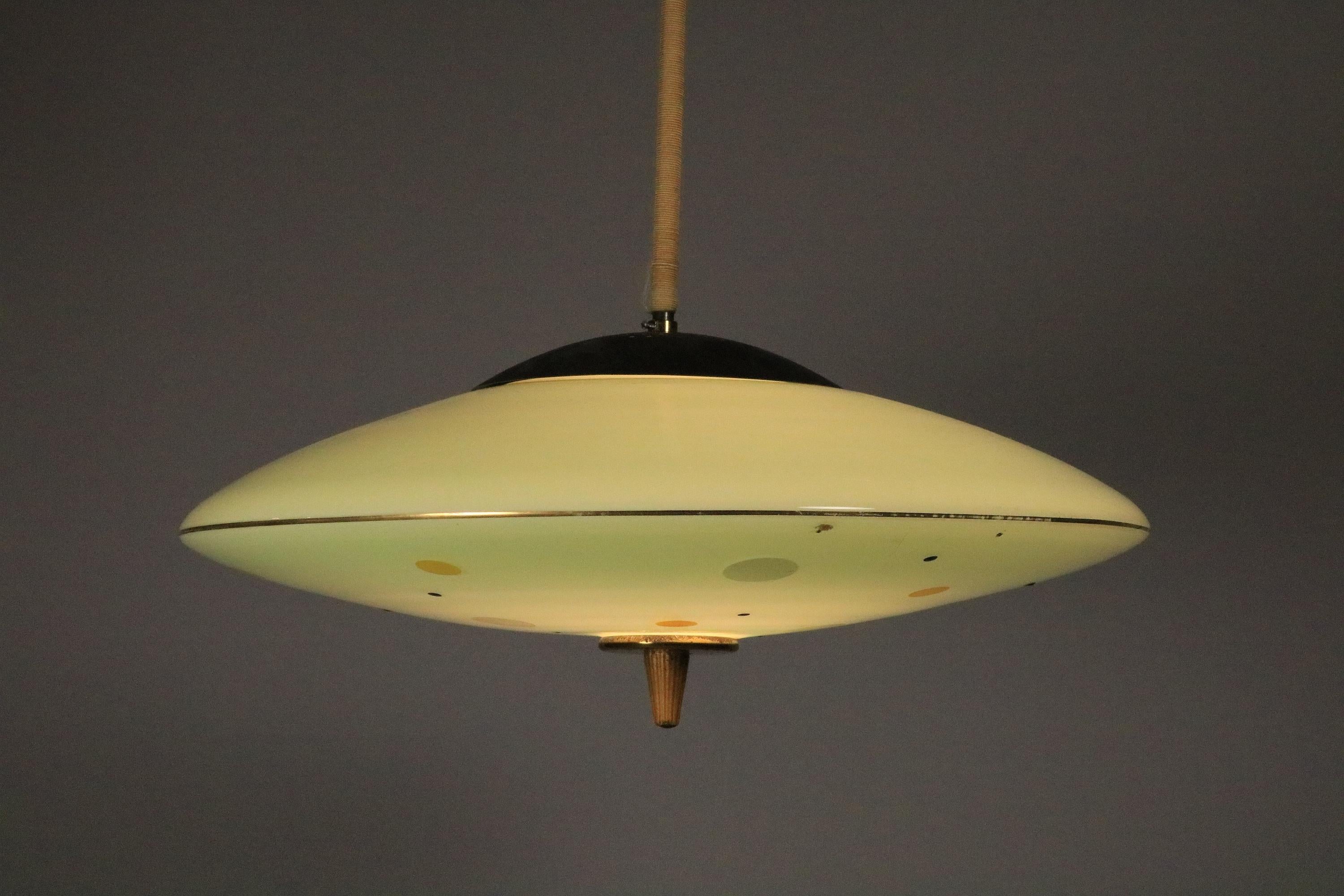 Brass Mint Green Glass Pendant Lamp from the 1950s For Sale